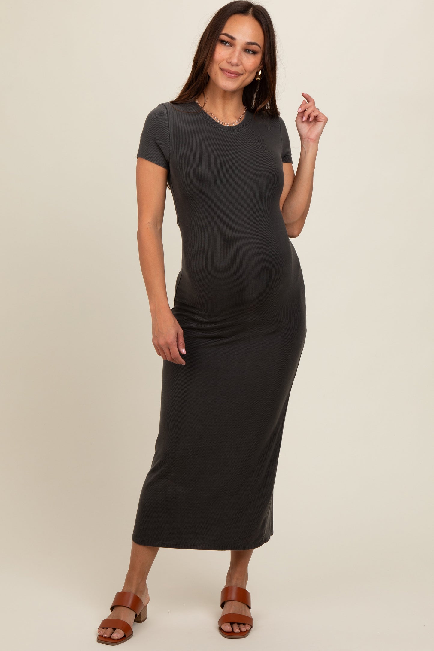 Charcoal Rib Knit Back Slit Maternity Dress