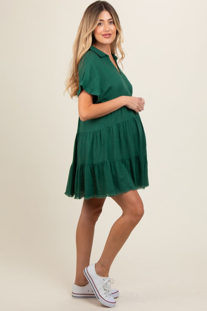 Forest Green Tiered Linen Maternity Dress