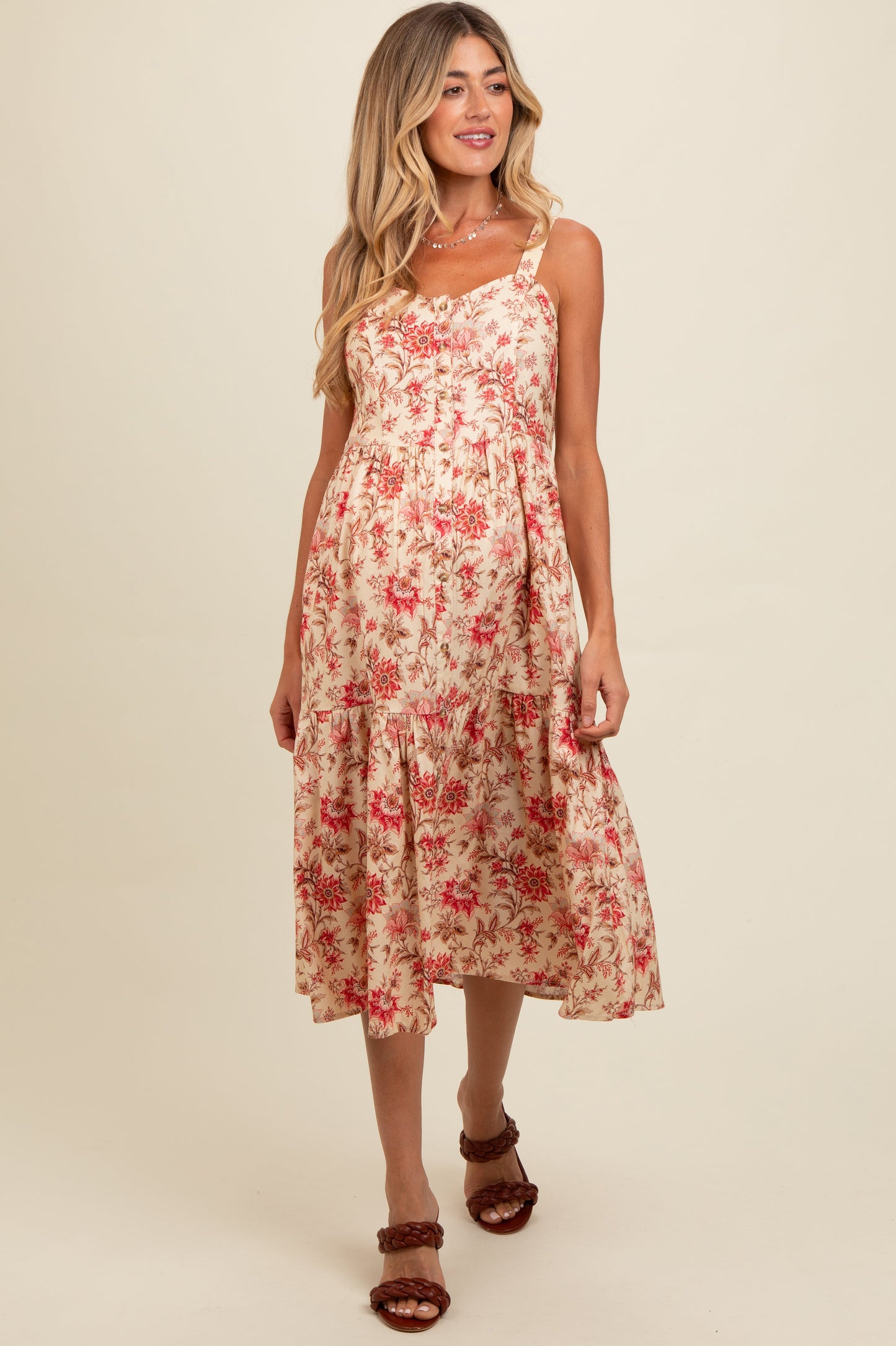 Cream Floral Sweetheart Neck Button Down Maternity Midi Dress