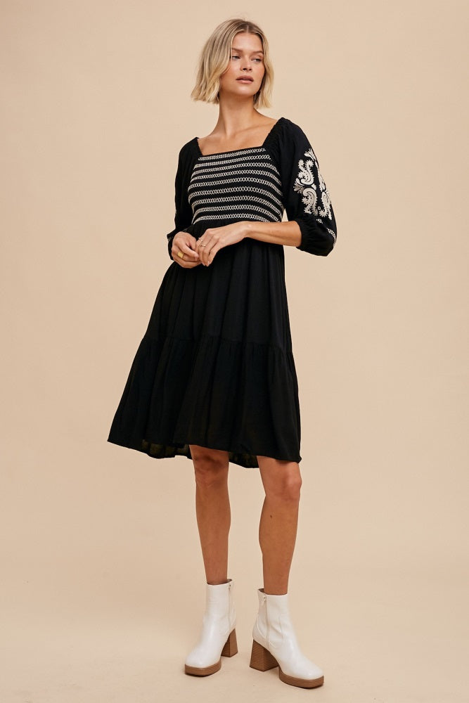 Black Smocked Embroidered Damask Maternity Dress