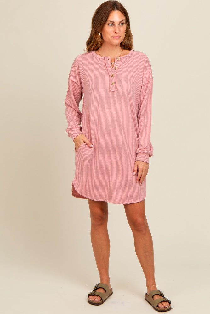Mauve Ribbed Button Accent Maternity Dress