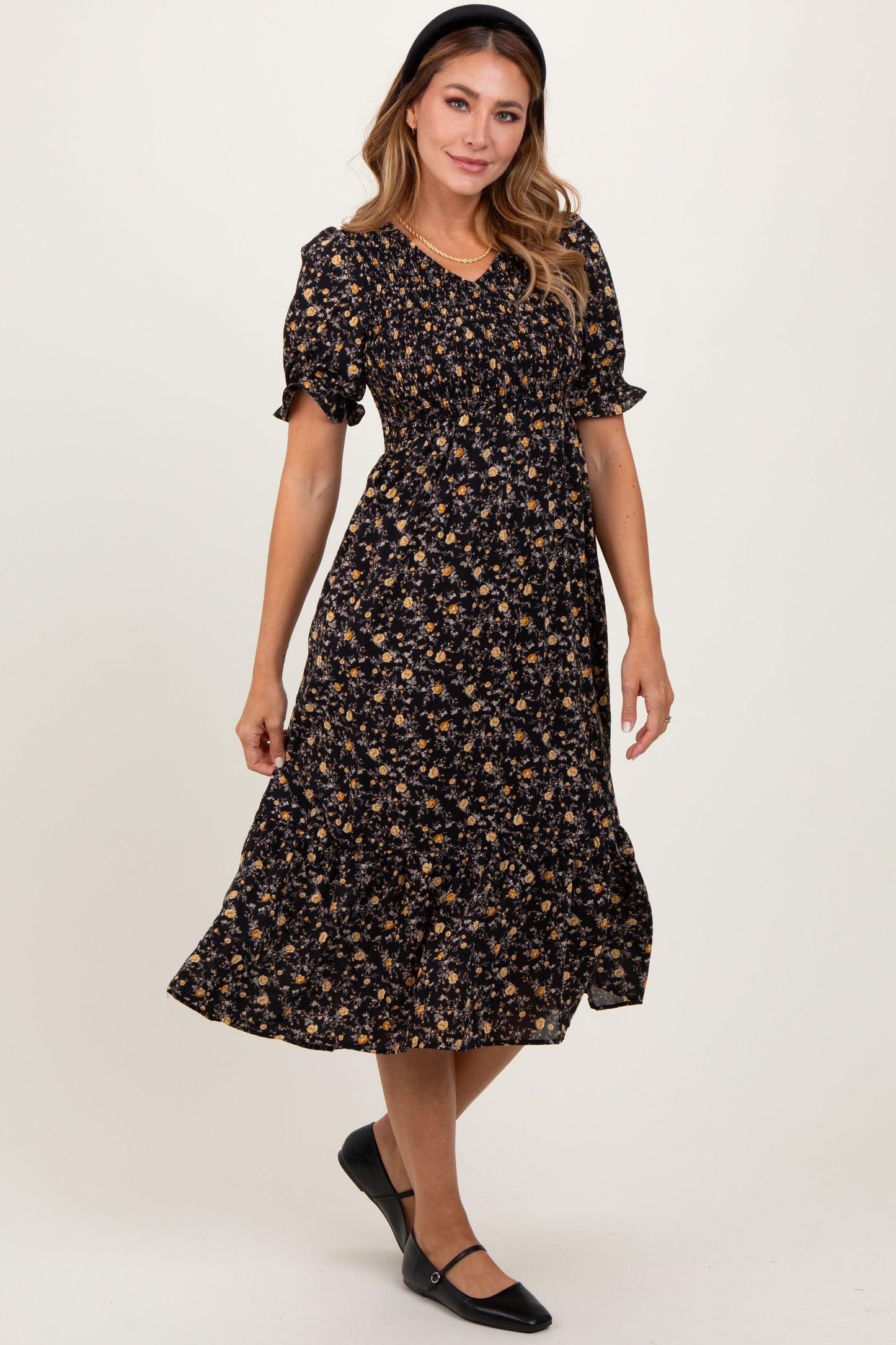 Black Floral Print Smocked Ruffle Hem Maternity Midi Dress