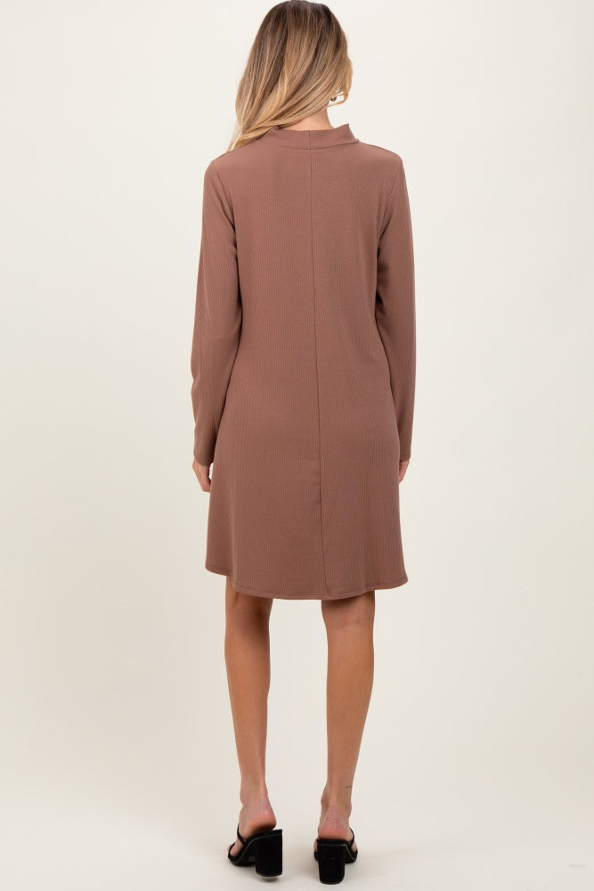 Mocha Ribbed Mock Neck Long Sleeve Basic Maternity Dress