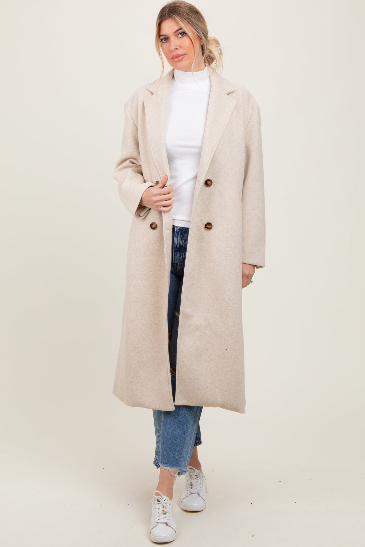 Cream Felted Double Breasted Lapel Maternity Button Coat