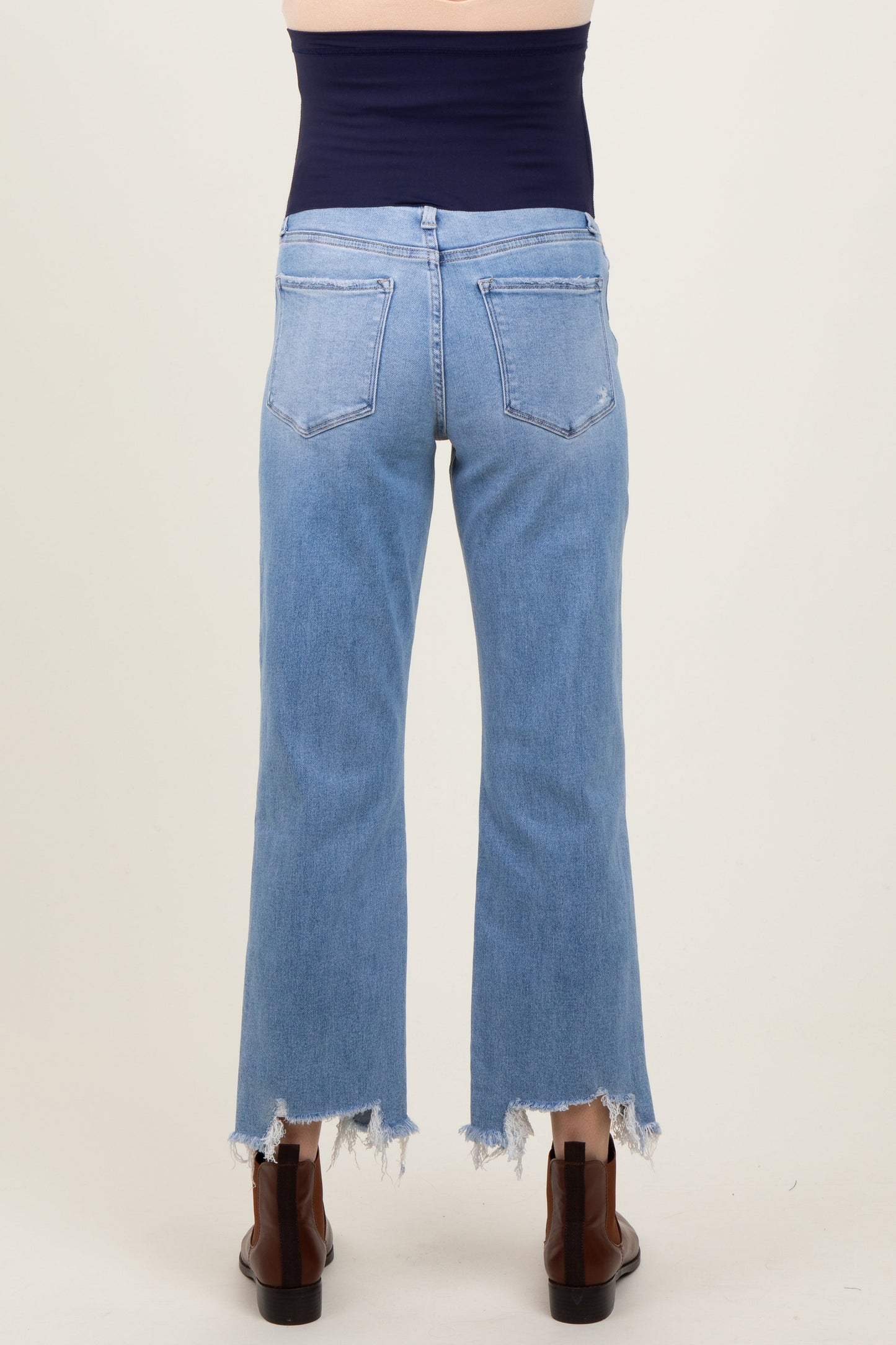 Light Blue Distressed Hem Cropped Straight Leg Jeans
