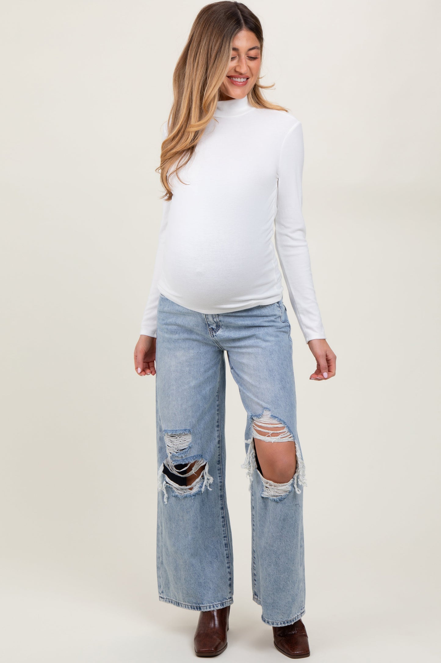 Light Blue Heavily Distressed Open Knee Wide Leg Maternity Jeans