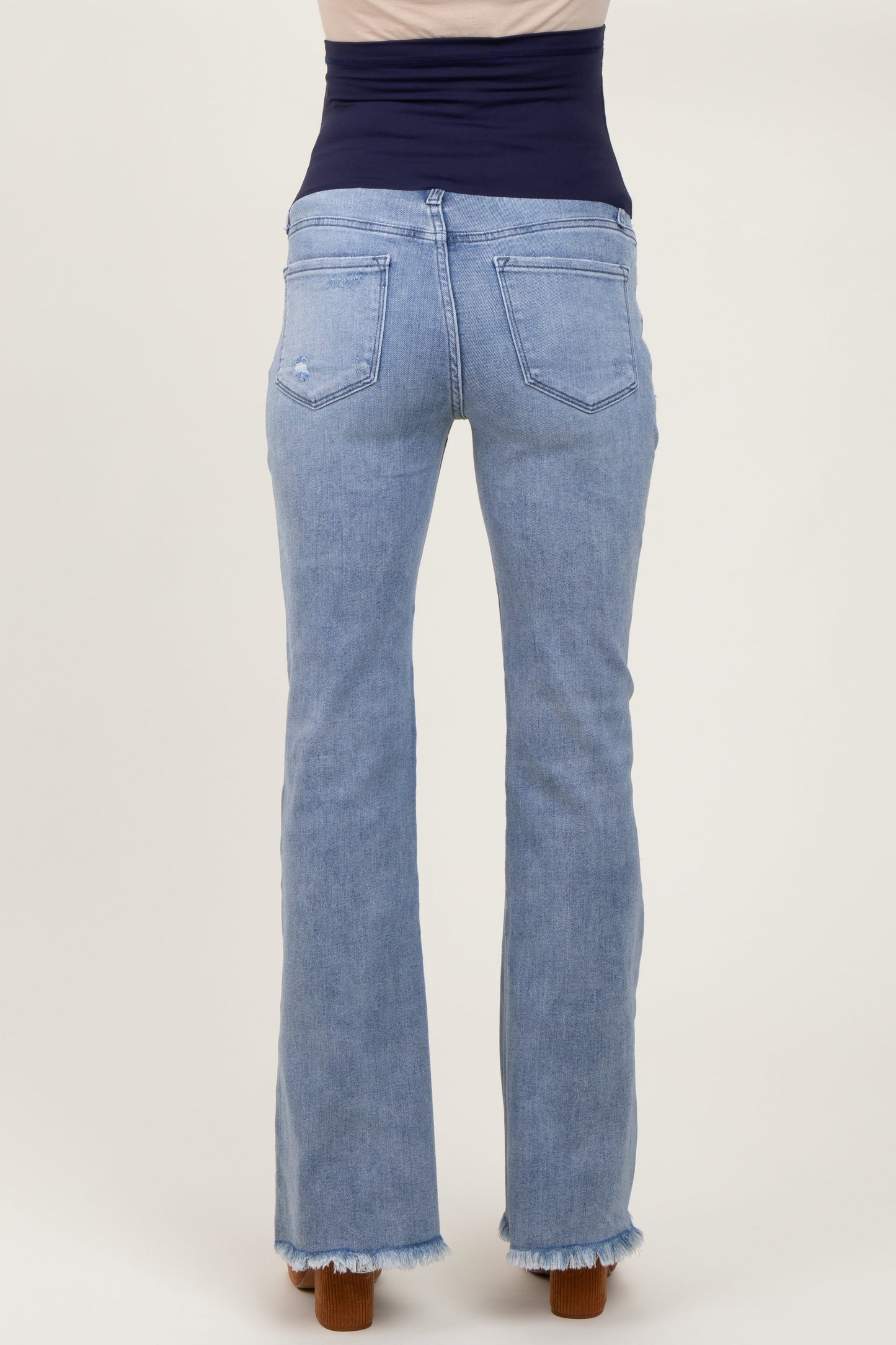Light Blue Distressed Fringe Hem Flare Leg Maternity Jeans