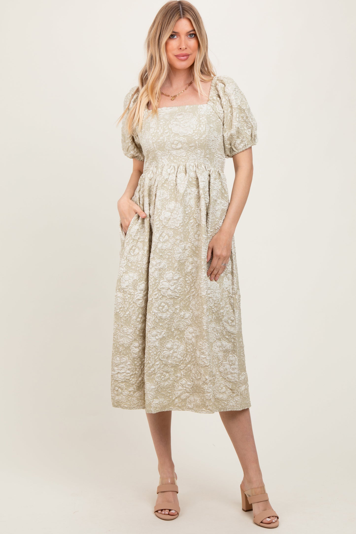 Light Olive Floral Jacquard Knit Puff Sleeves Maternity Midi Dress