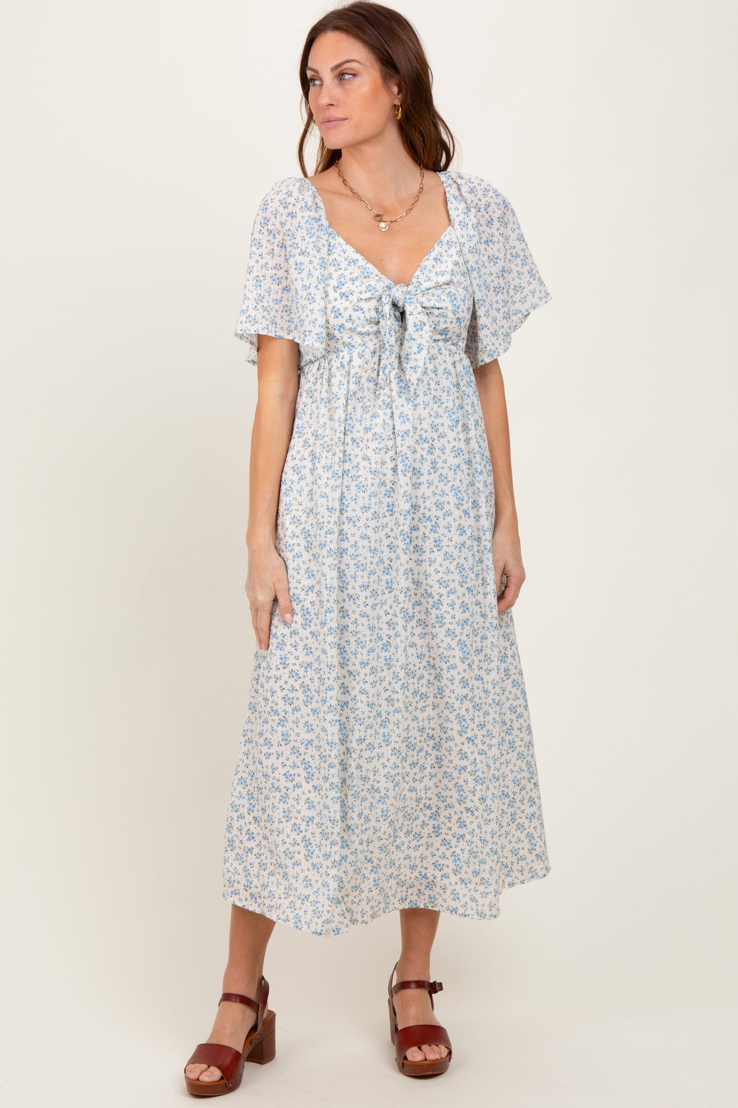 Blue Floral Front Tie Maternity Midi Dress