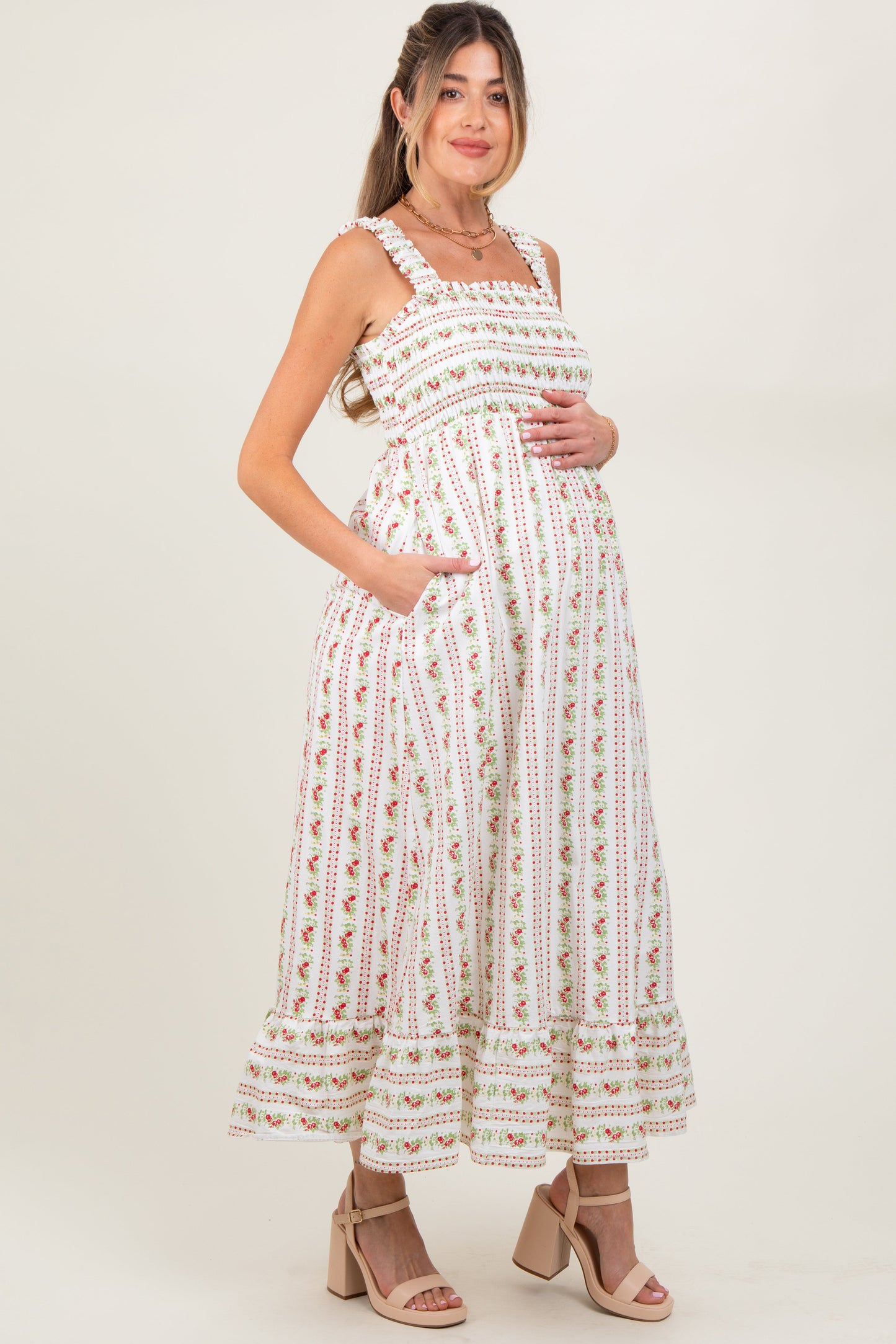 Red Floral Smocked Sleeveless Maternity Maxi Dress