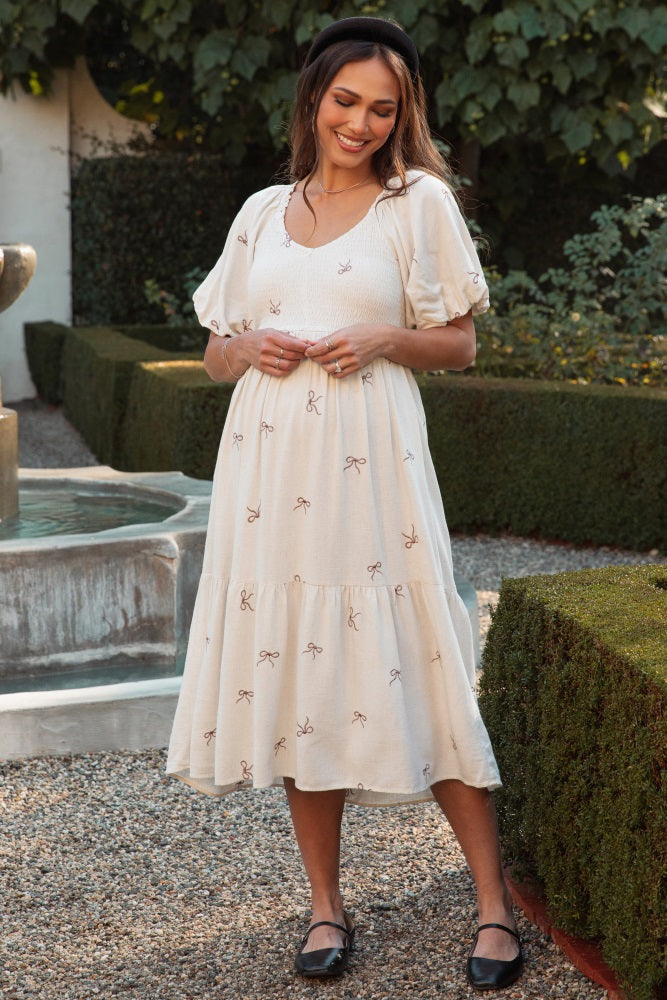 Cream Ribbon Print Smocked Maternity Midi Dress