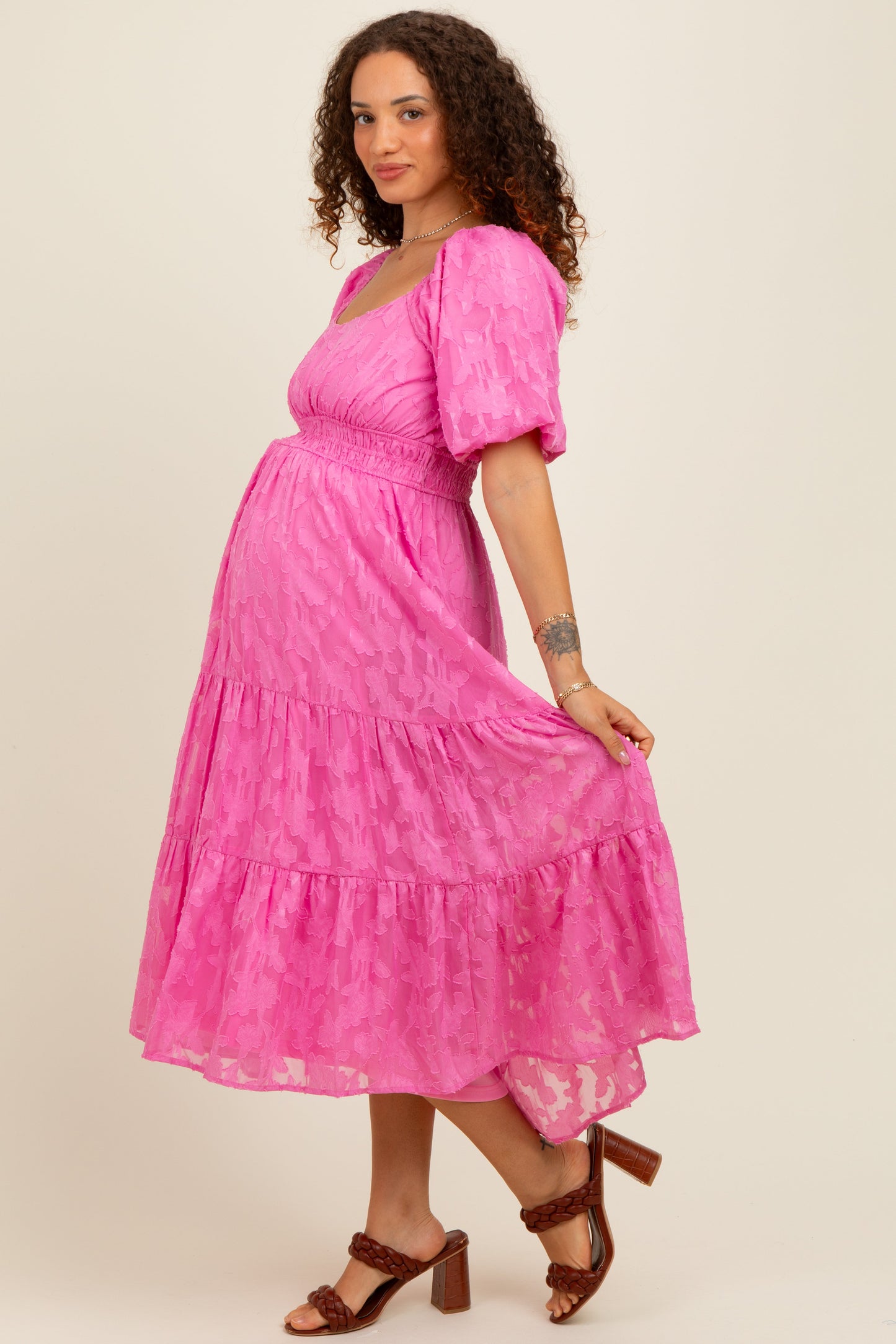 Pink Textured Floral Short Sleeve Maternity Midi Dress