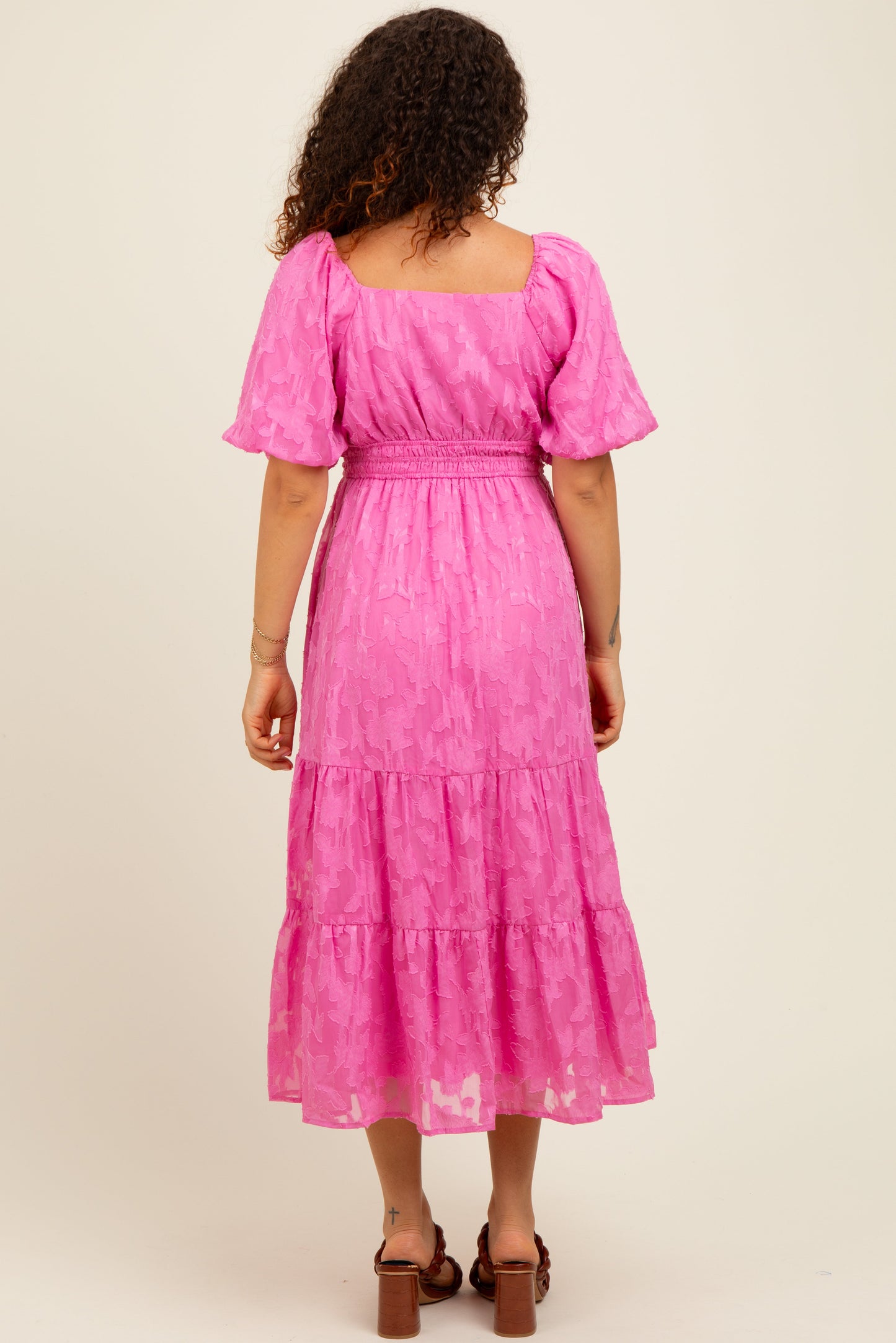Pink Textured Floral Short Sleeve Maternity Midi Dress