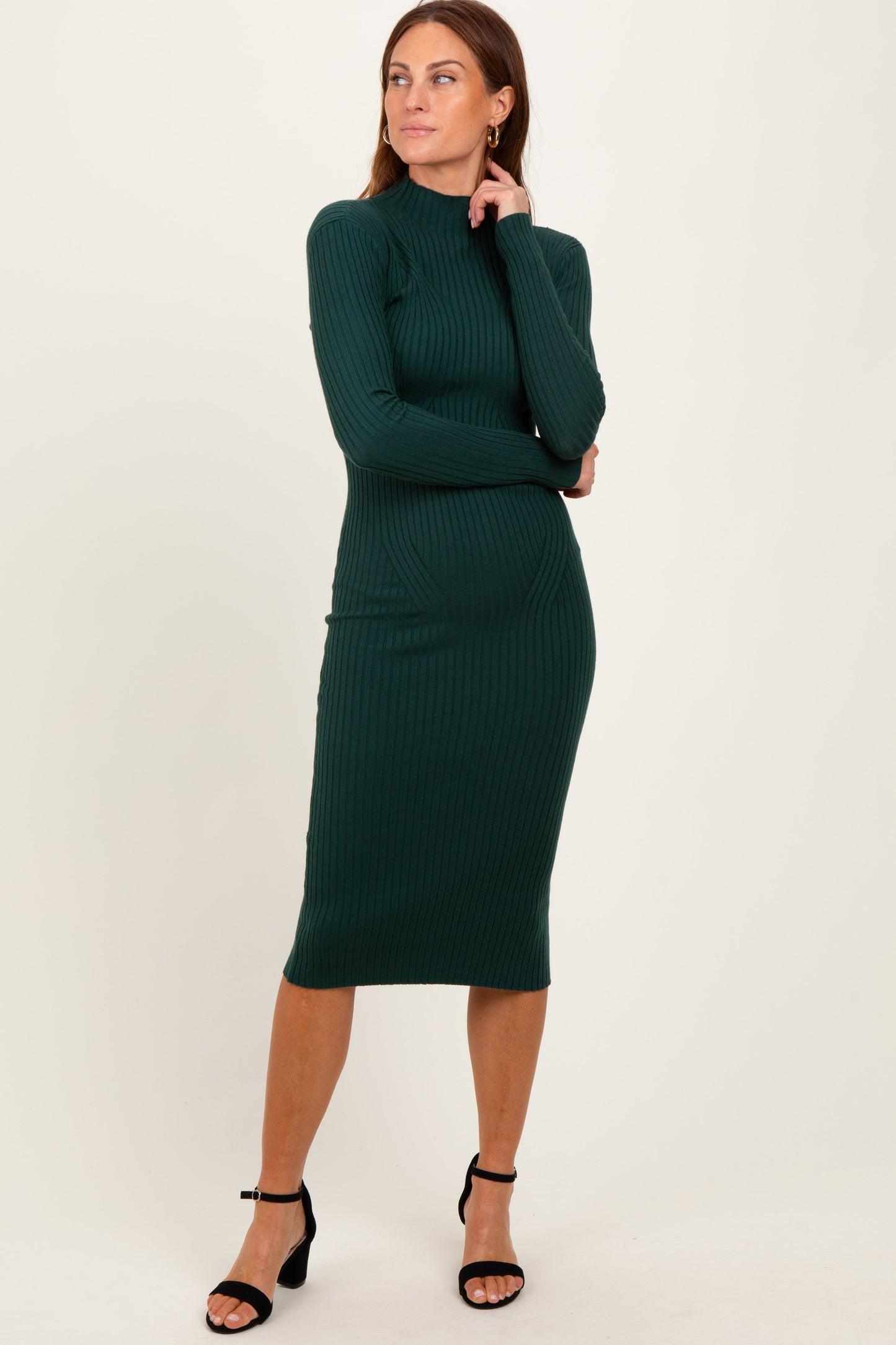 Forest Green Ribbed Knit Mock Neck Long Sleeve Maternity Midi Dress