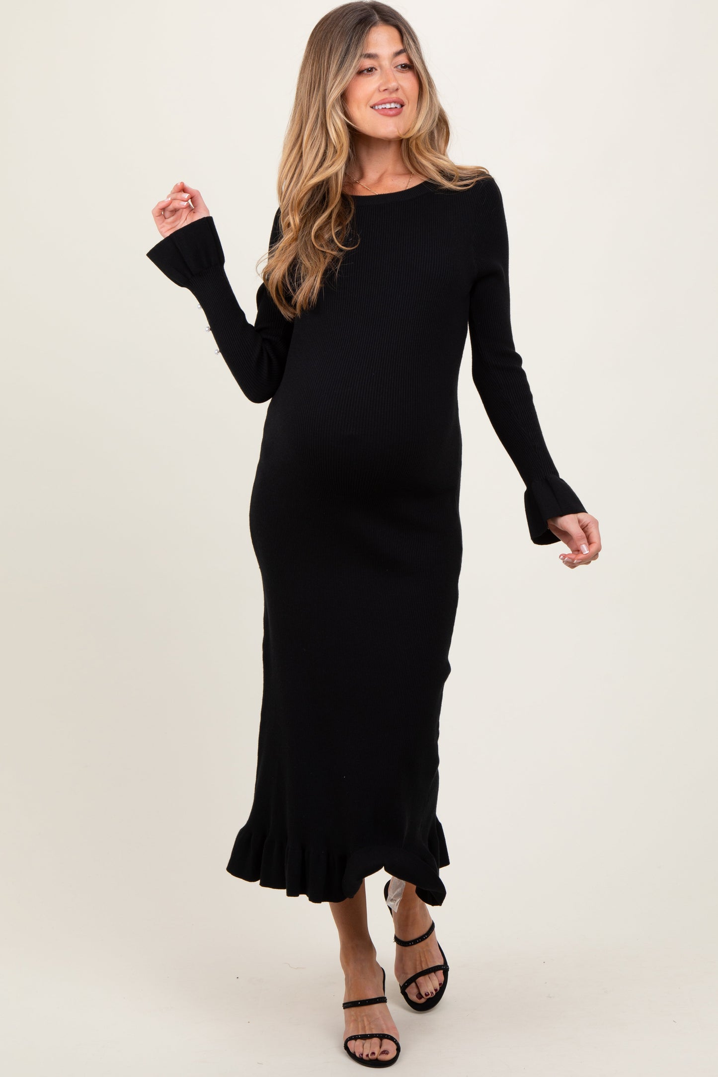 Black Ribbed Knit Bow Back Maternity Maxi Dress