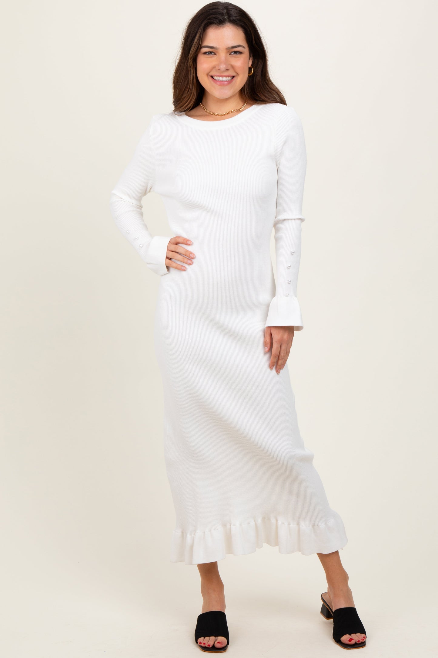 Ivory Ribbed Knit Bow Back Maternity Maxi Dress