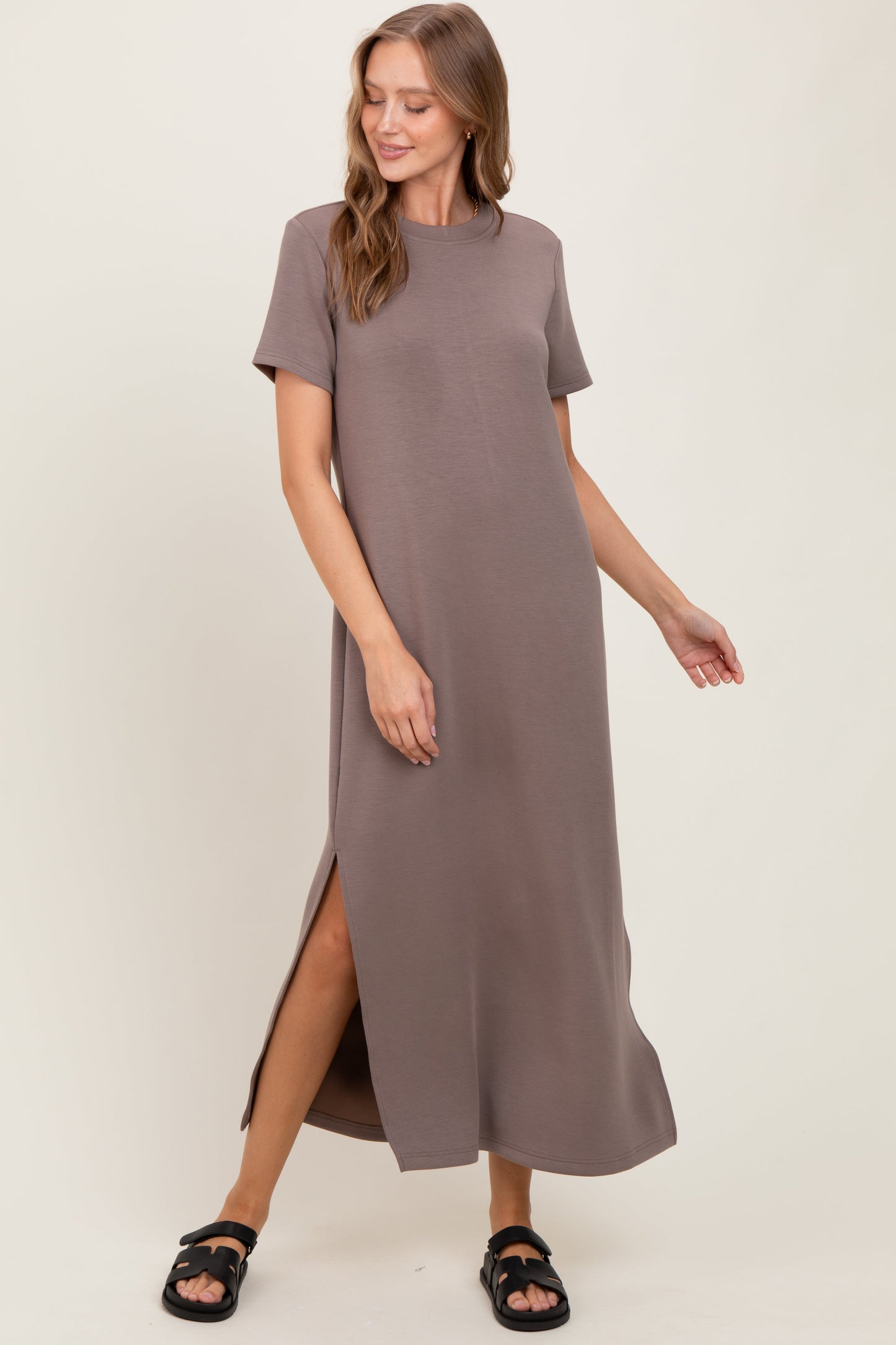 Taupe Basic Side Slit Short Sleeve Maternity Midi Dress