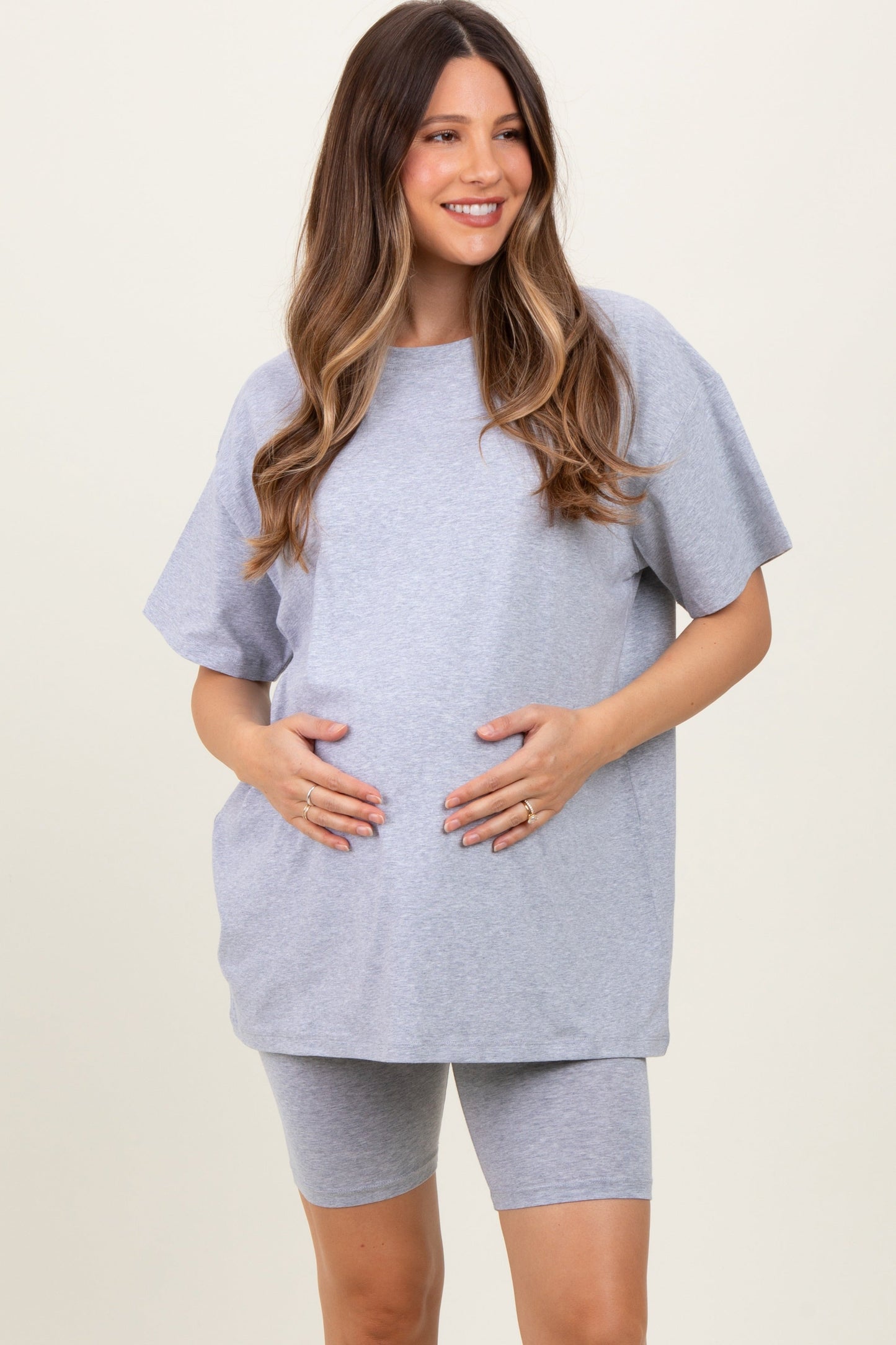 Heather Grey Biker Shorts Maternity Set