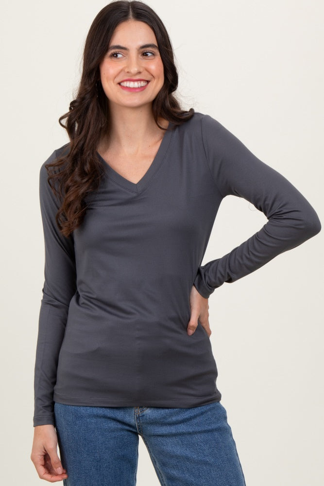 Charcoal Brushed Knit V-Neck Long Sleeve Maternity Top