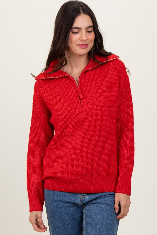 Red Half Zip Maternity Pullover Sweater