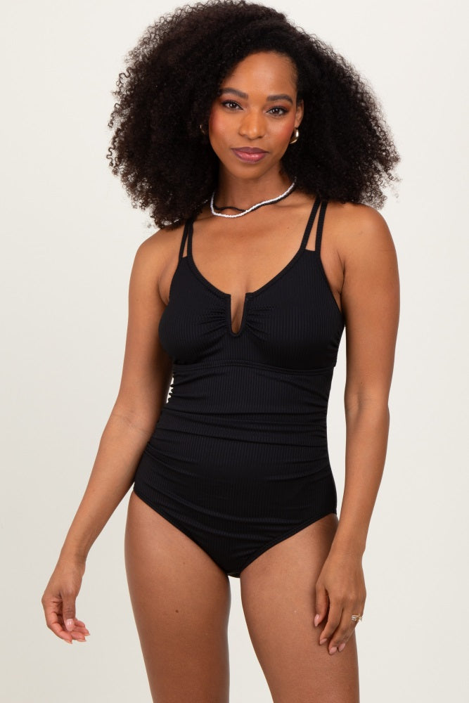 Black Ribbed Split Neckline Maternity Swimsuit