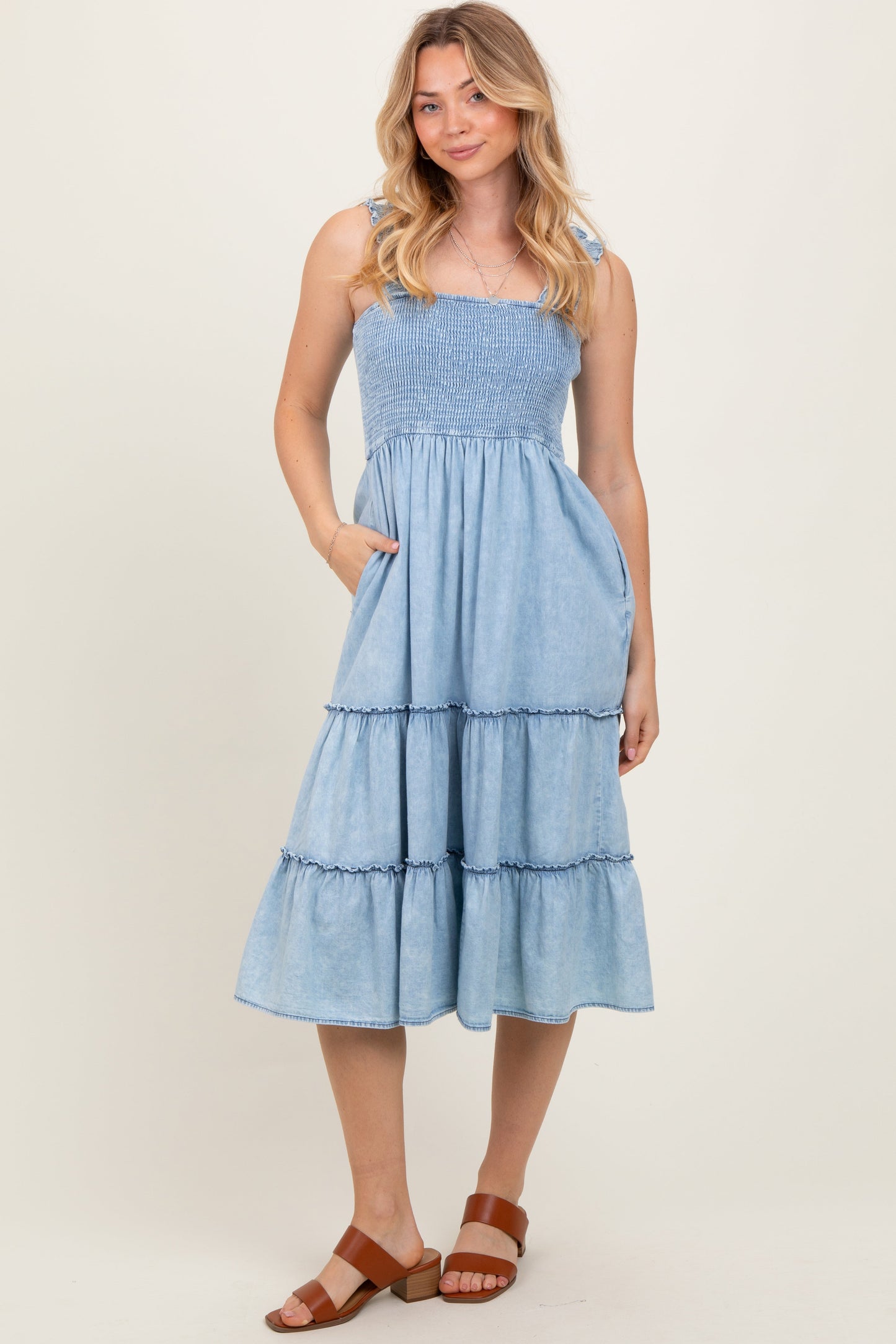 Light Blue Chambray Smocked Ruffle Tiered Maternity Midi Dress