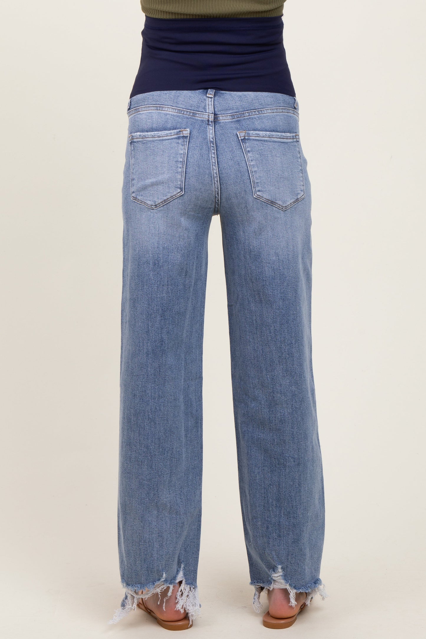 Light Blue Distressed Asymmetrical Fringe Hem Straight Leg Maternity Jeans