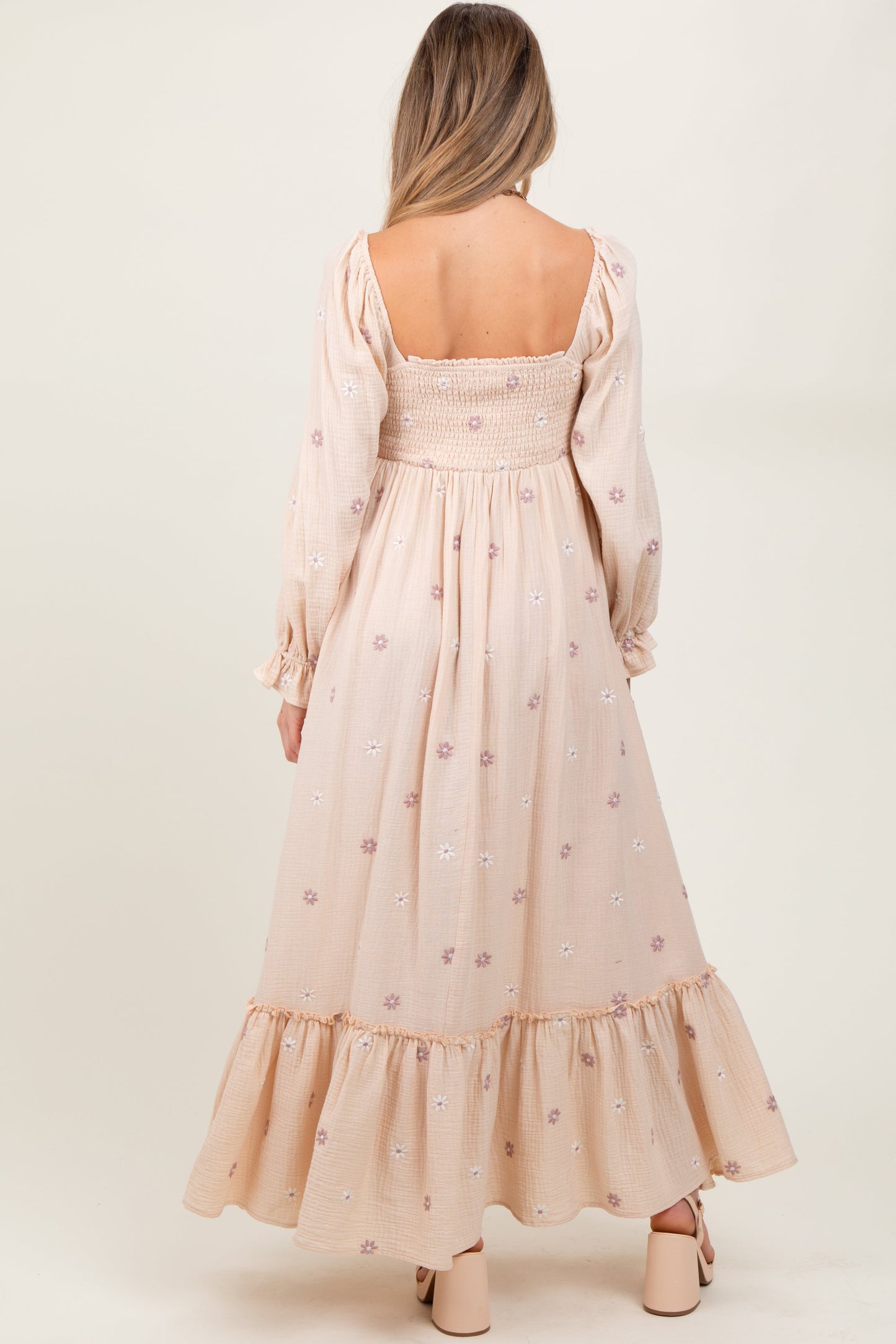 Cream Long Sleeve Floral Accent Maternity Dress
