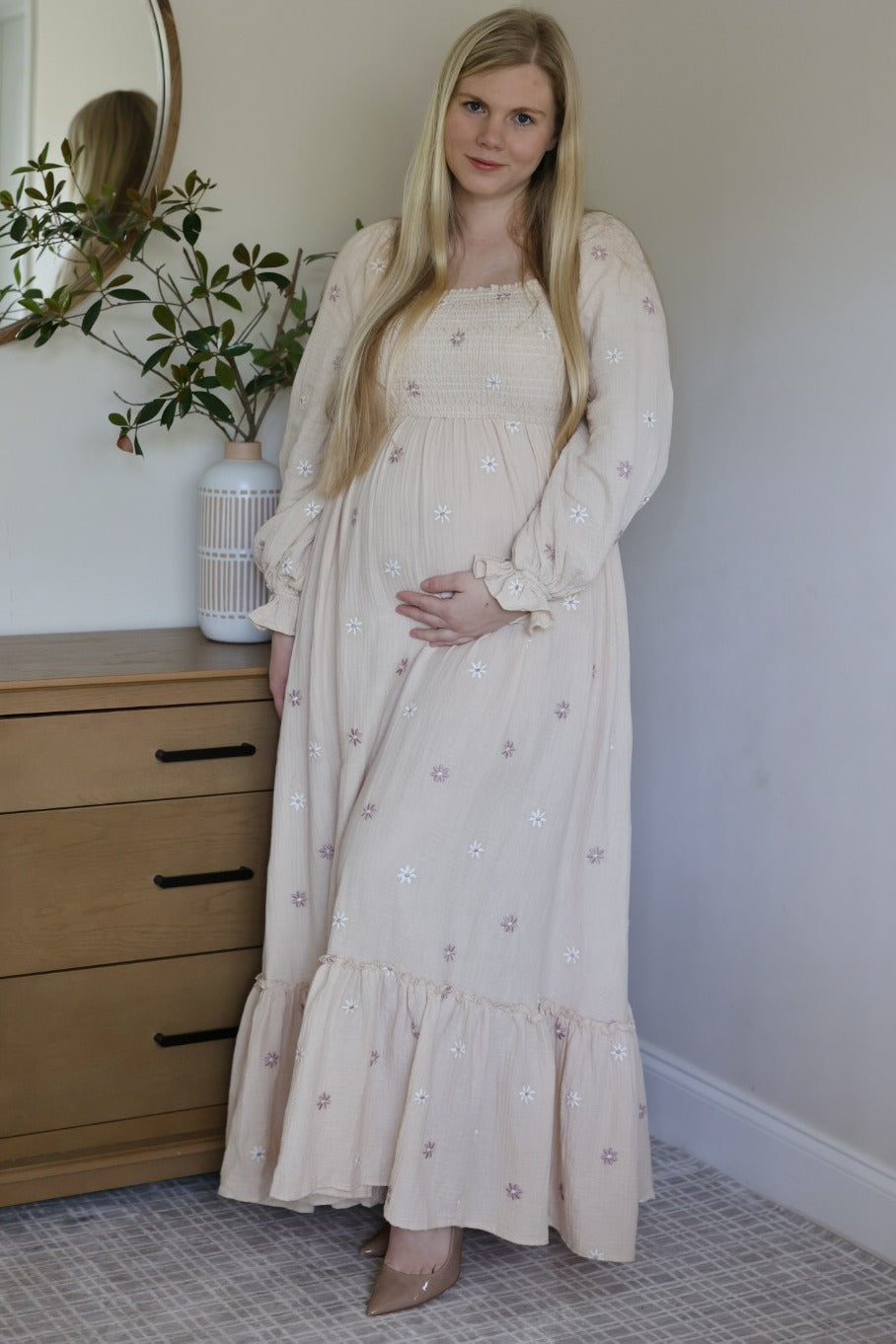 Cream Long Sleeve Floral Accent Maternity Dress