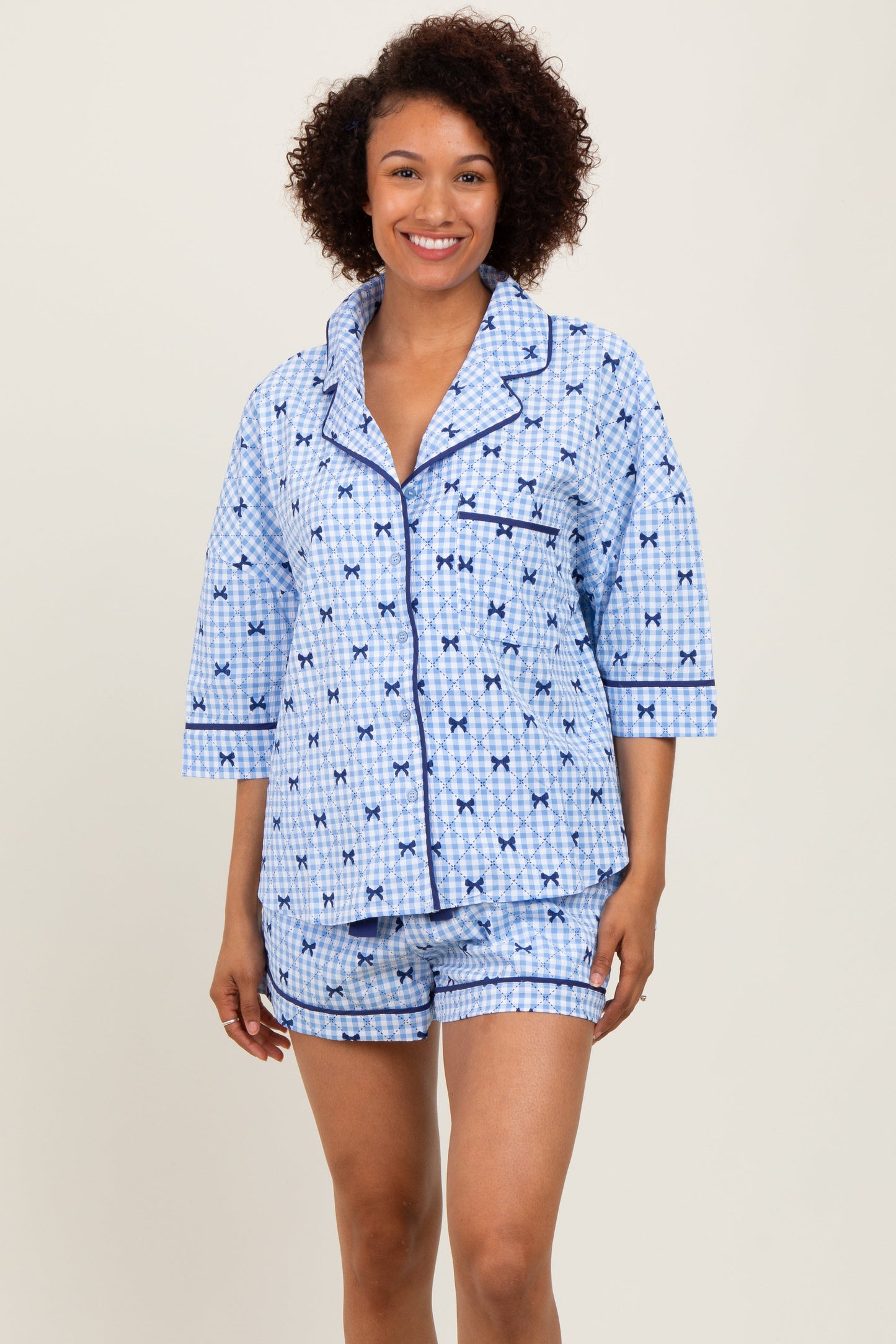 Light Blue Bow Print Gingham Pajama Short Maternity Set