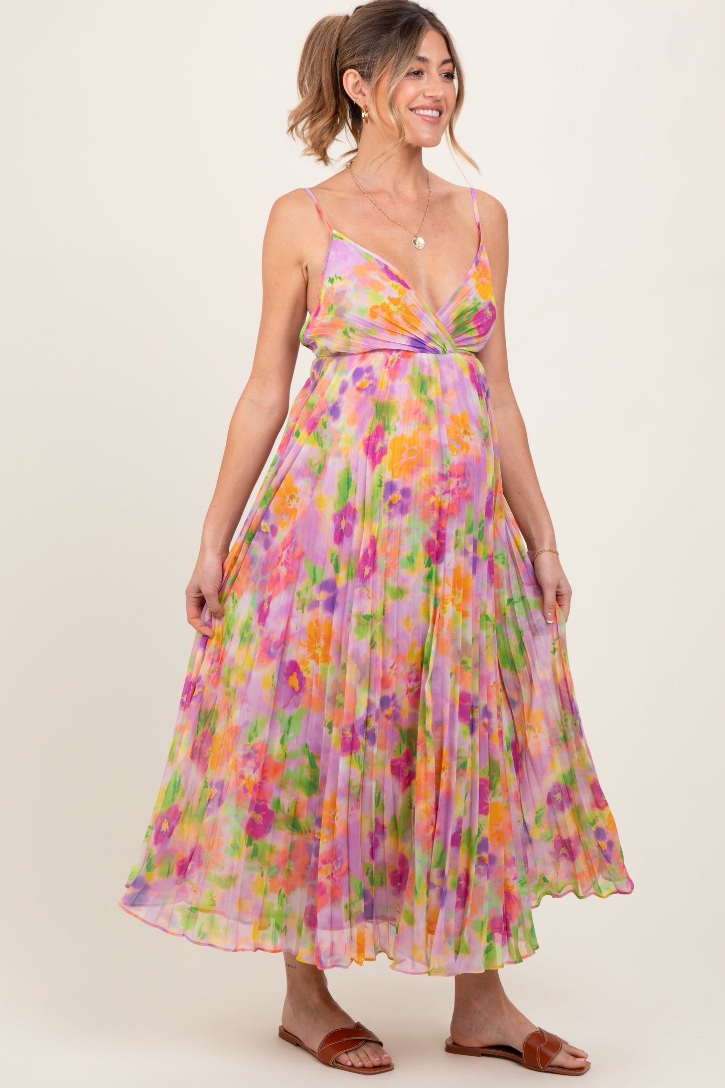 Lilac Floral Pleated Open Back Maternity Maxi Dress