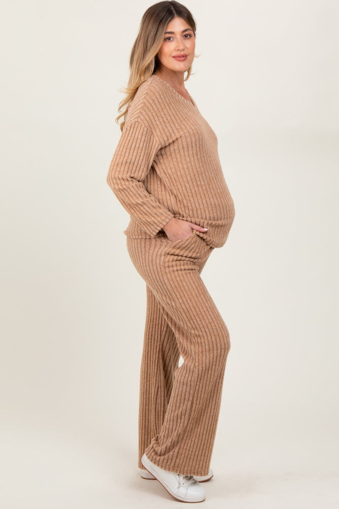 Taupe Ribbed Soft Knit Long Sleeve Maternity Pajama Set