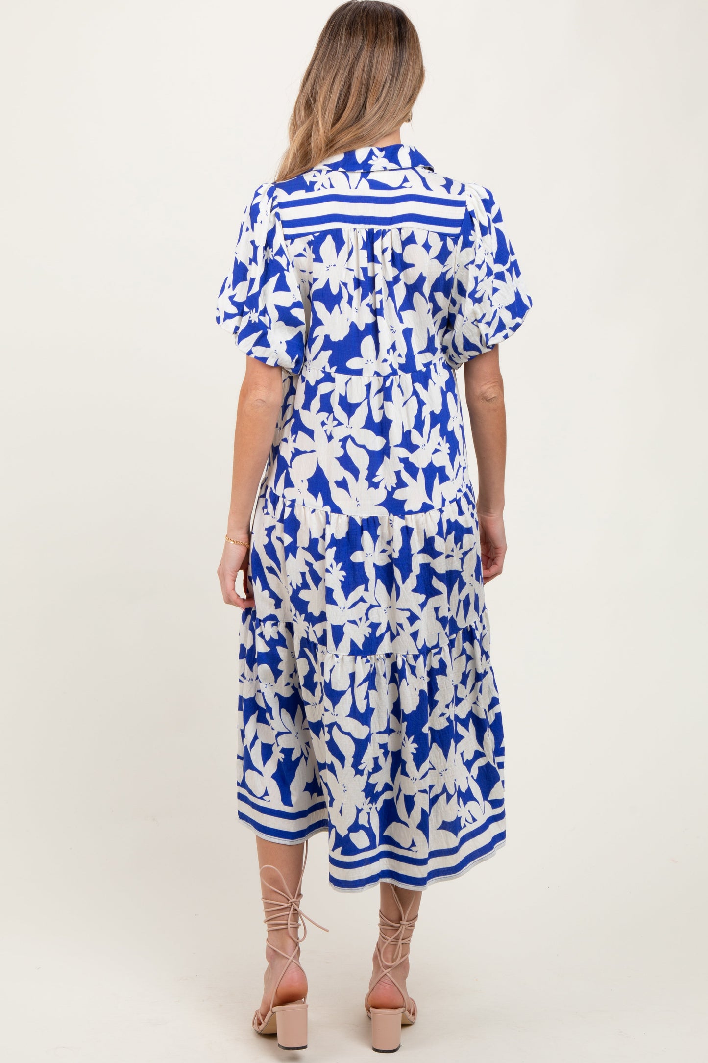 Blue Botanical Print A Line Tiered Maternity Dress