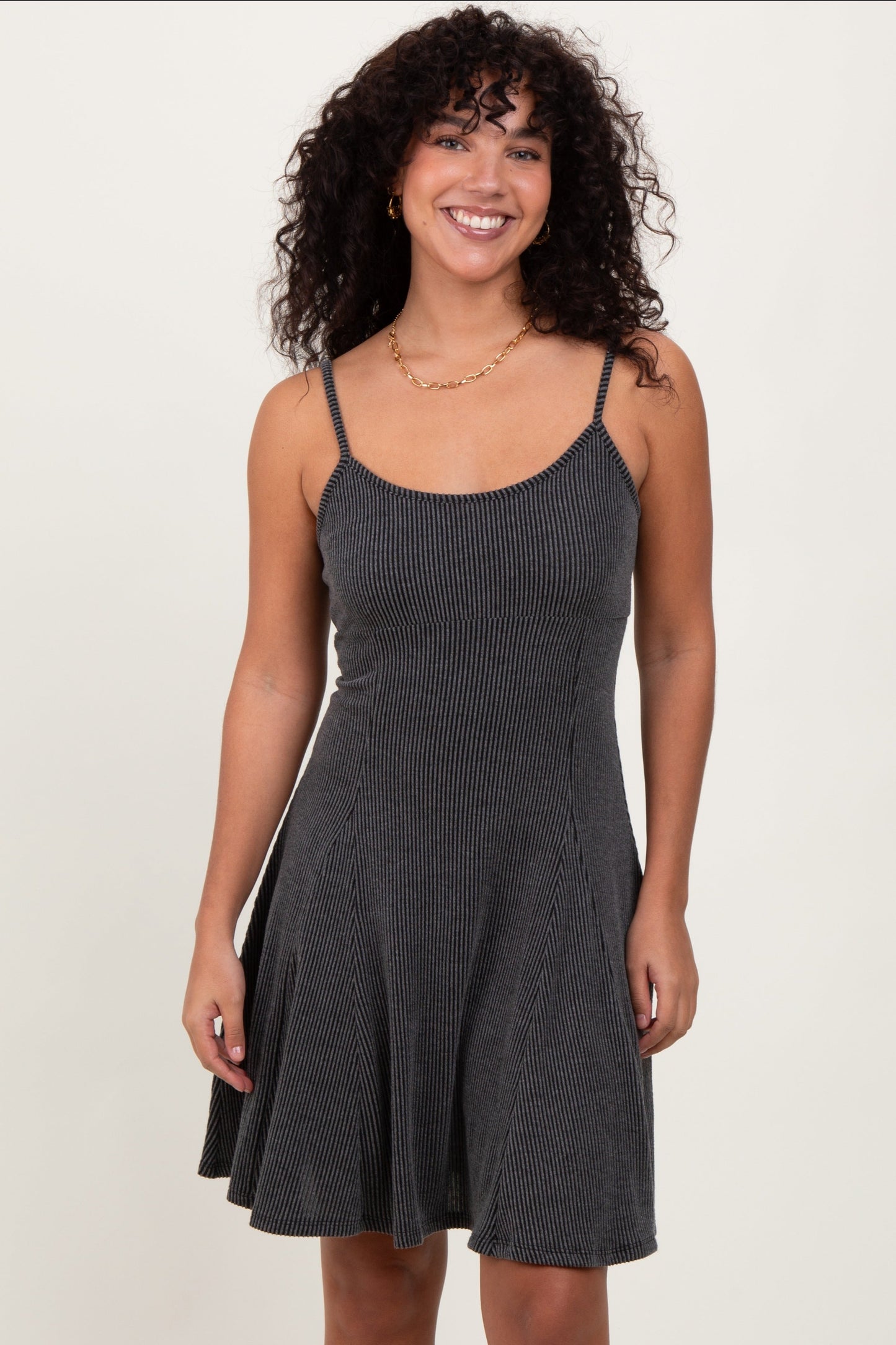 Charcoal Solid Ribbed Knitted Adjustable Strap Sleeveless Maternity Mini Dress