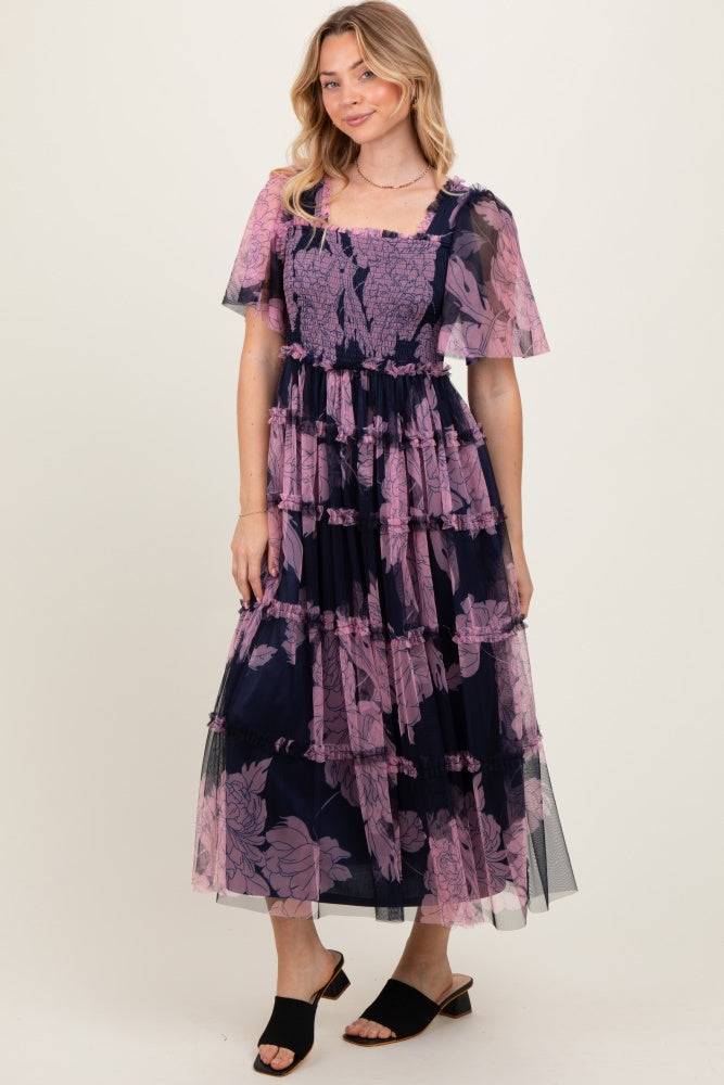 Navy Smocked Top Mesh Ruffled Maternity Midi Dress