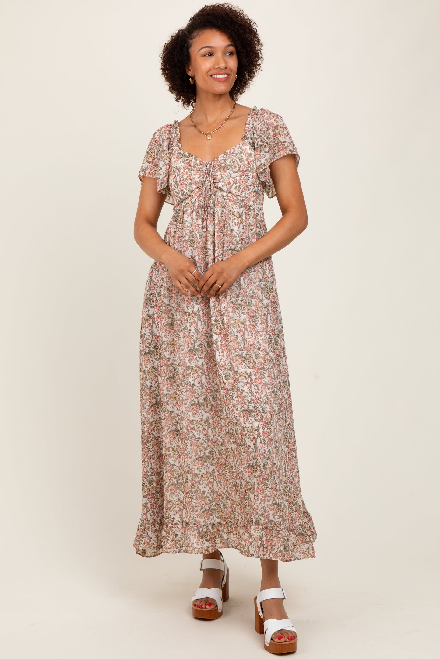 Cream Multi Flutter-Sleeved Smocked Floral Maternity Maxi Dress