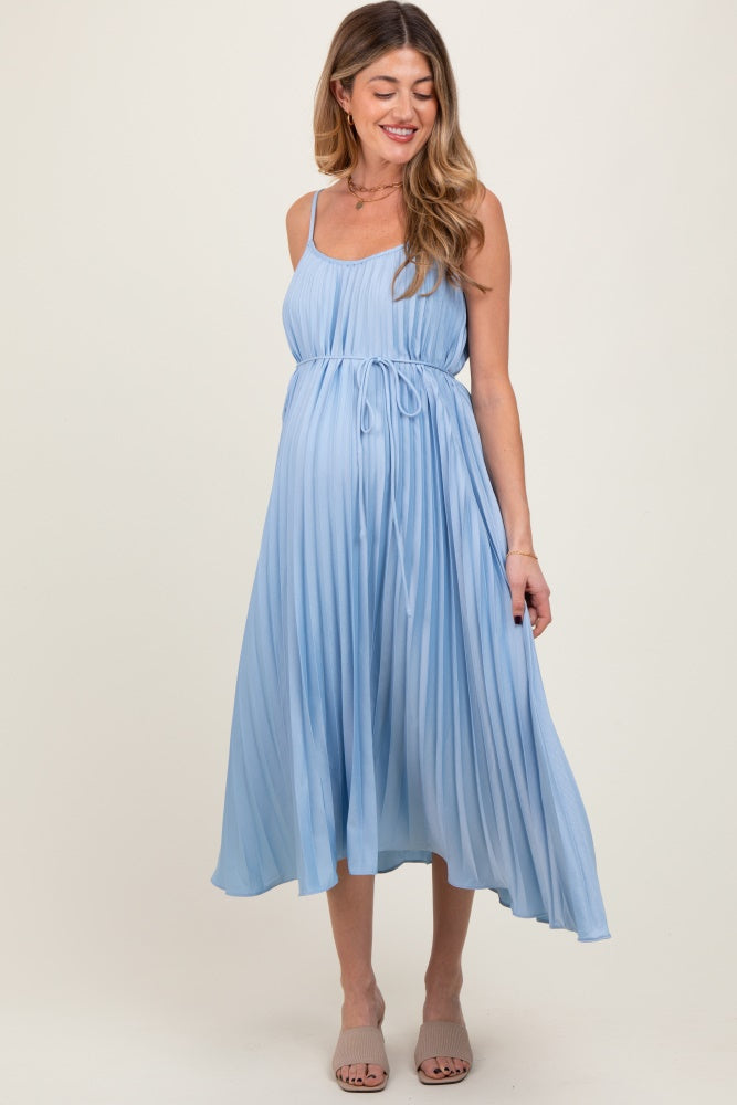 Light Blue Pleated Sash Tie Maternity Midi Dress