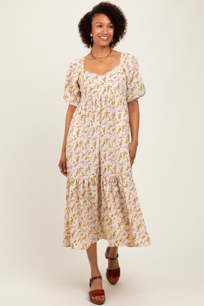 Cream Floral Sweetheart Puff Sleeve Maternity Midi Dress