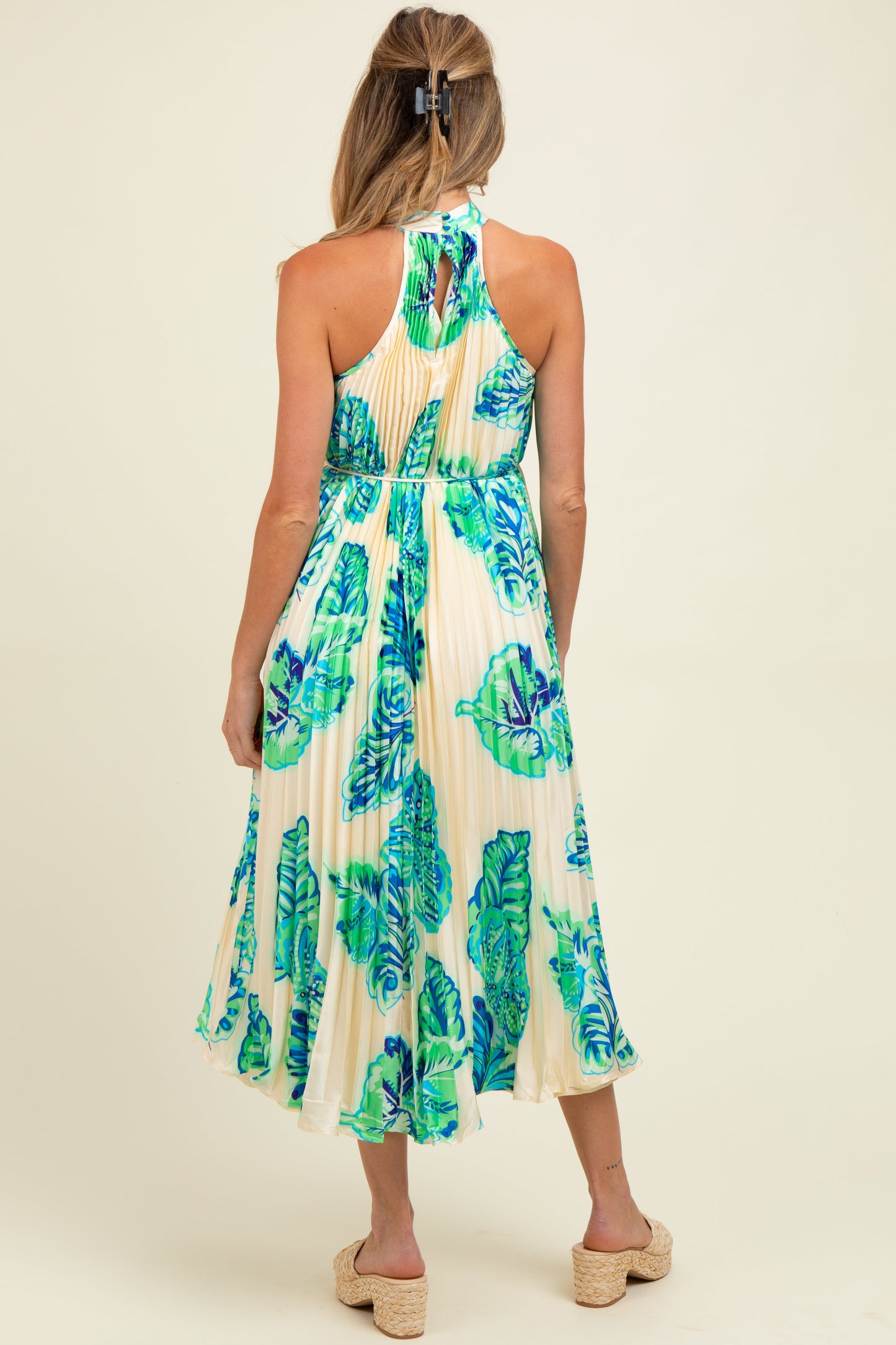Blue Leaf Print Pleated Halter Maternity Midi Dress