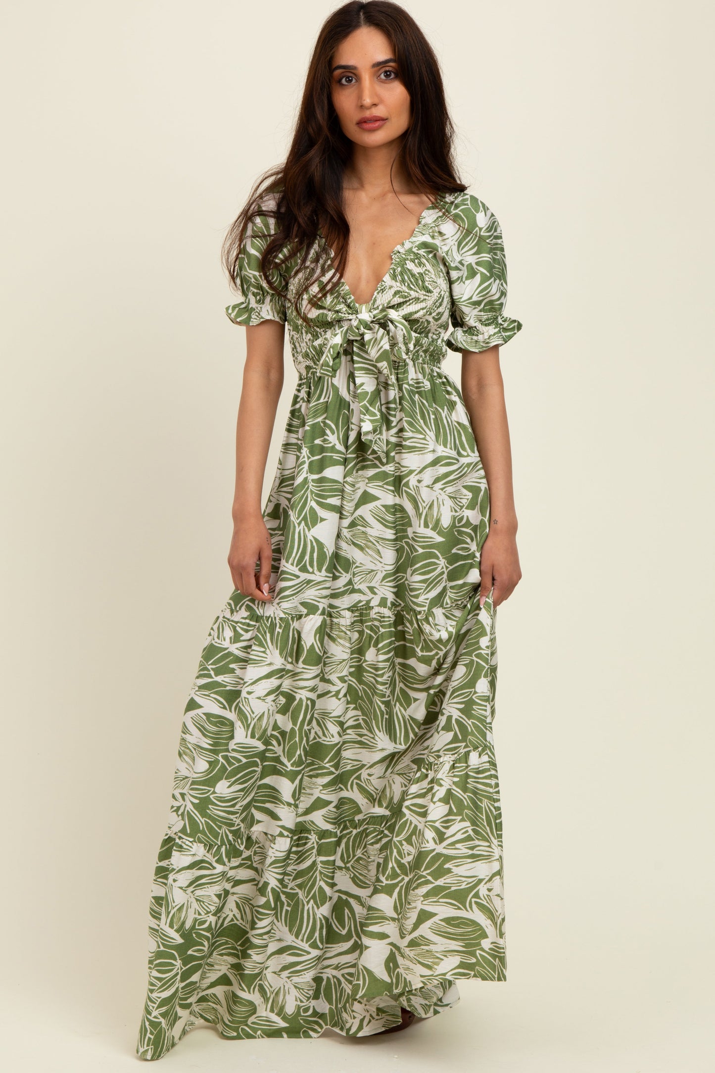 Green Tropical Print Smocked Front Tie Maternity Maxi Dress