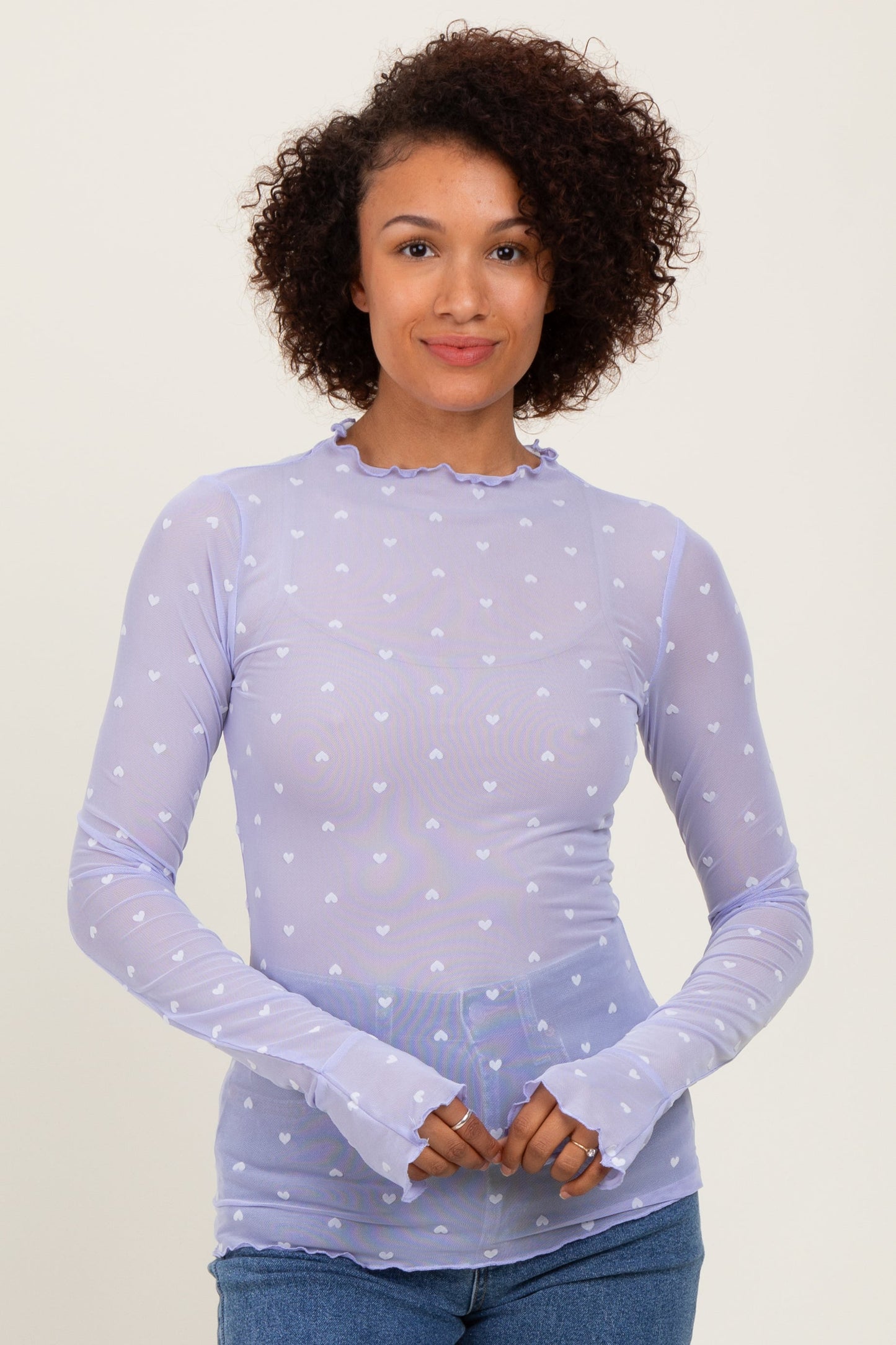 Lavender Mesh Heart High Neck Long Sleeve Maternity Top