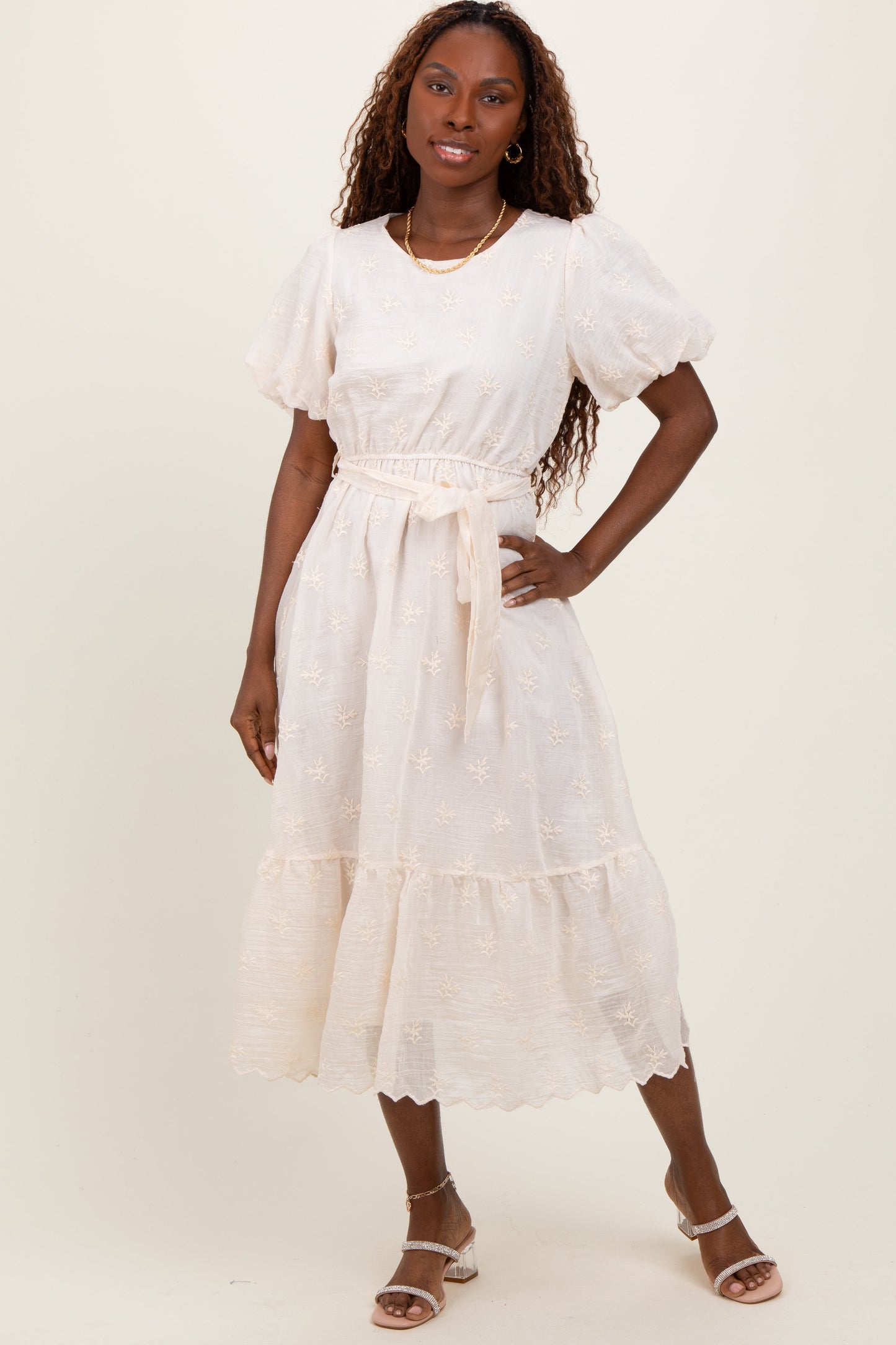 Ivory Embroidered Tied Waist Short Sleeve Maternity Midi Dress