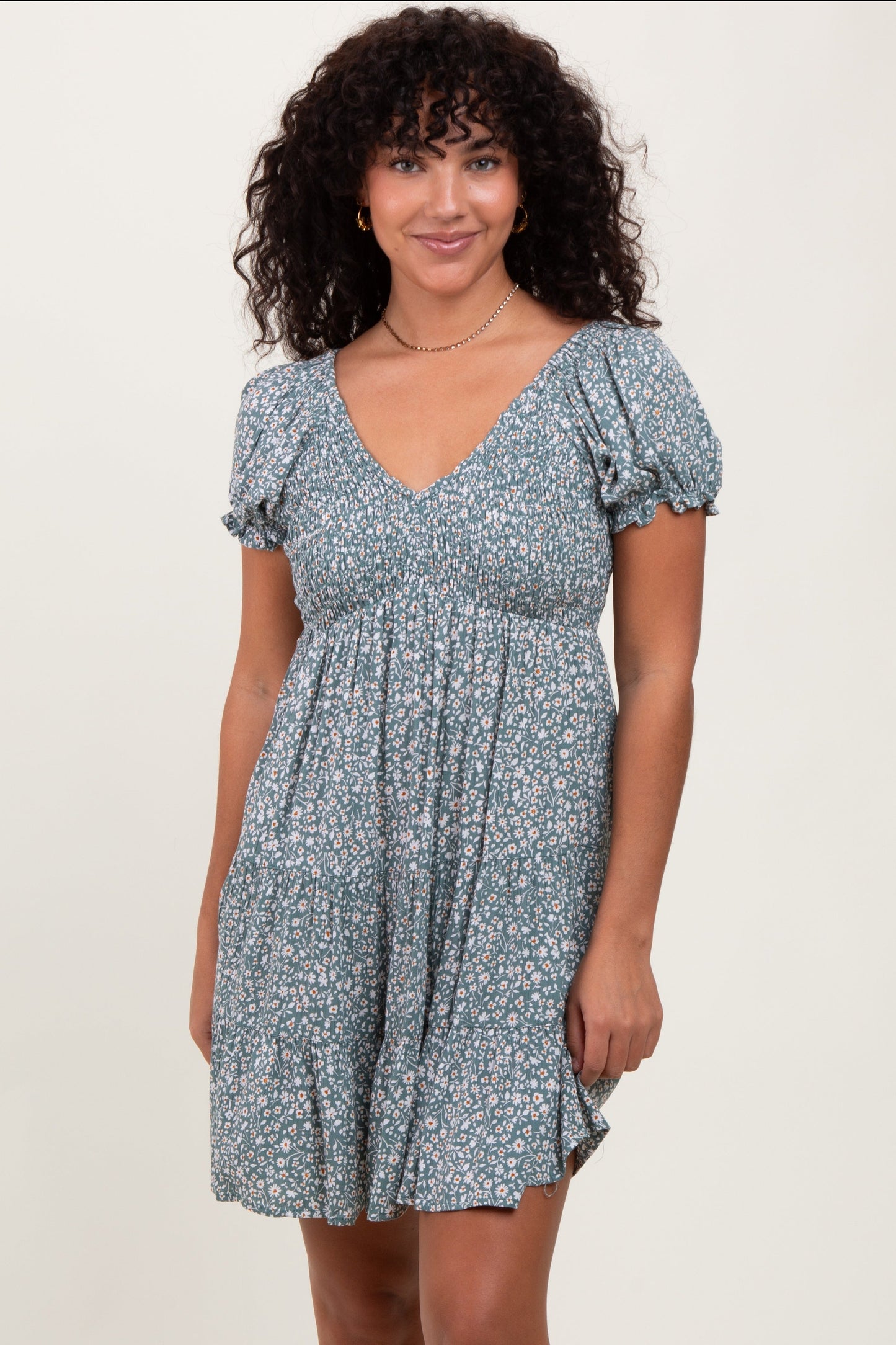 Light Olive Floral Smocked V-Neck Flutter Sleeve Maternity Dress