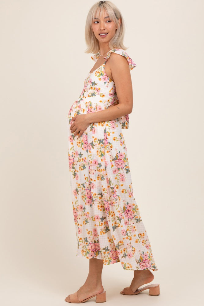 Cream Floral Cutout Tie Back Maternity Midi Dress