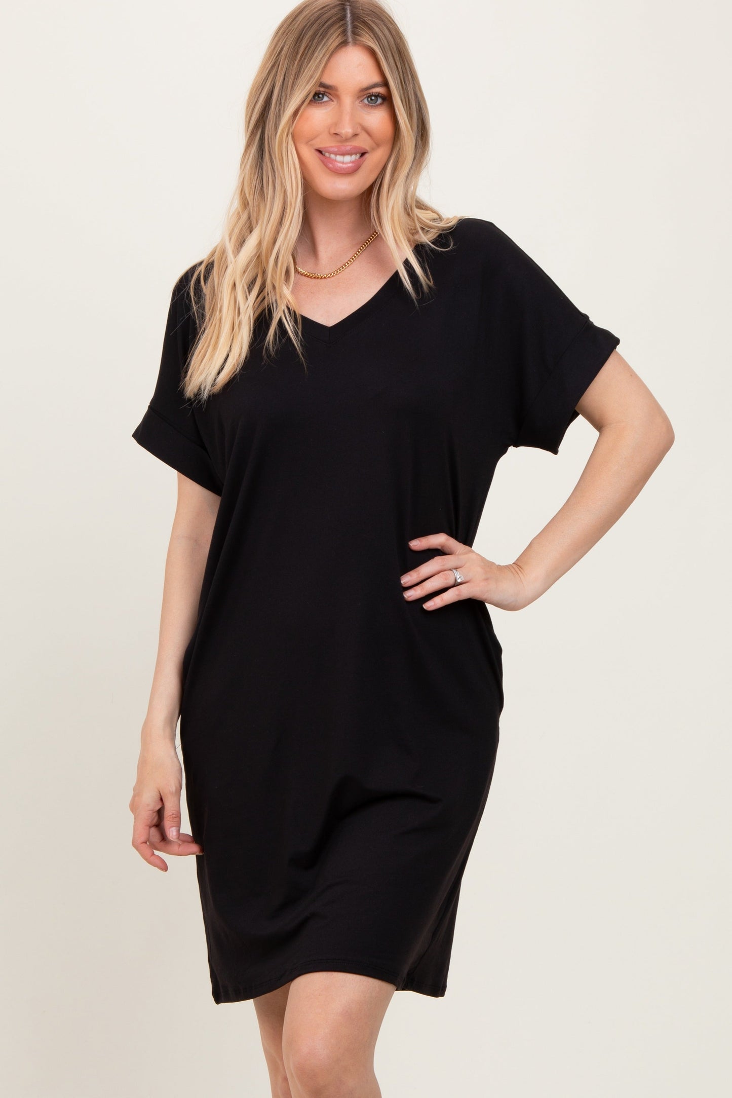 Black Brushed Rolled Short Sleeve V-Neck Maternity Dress