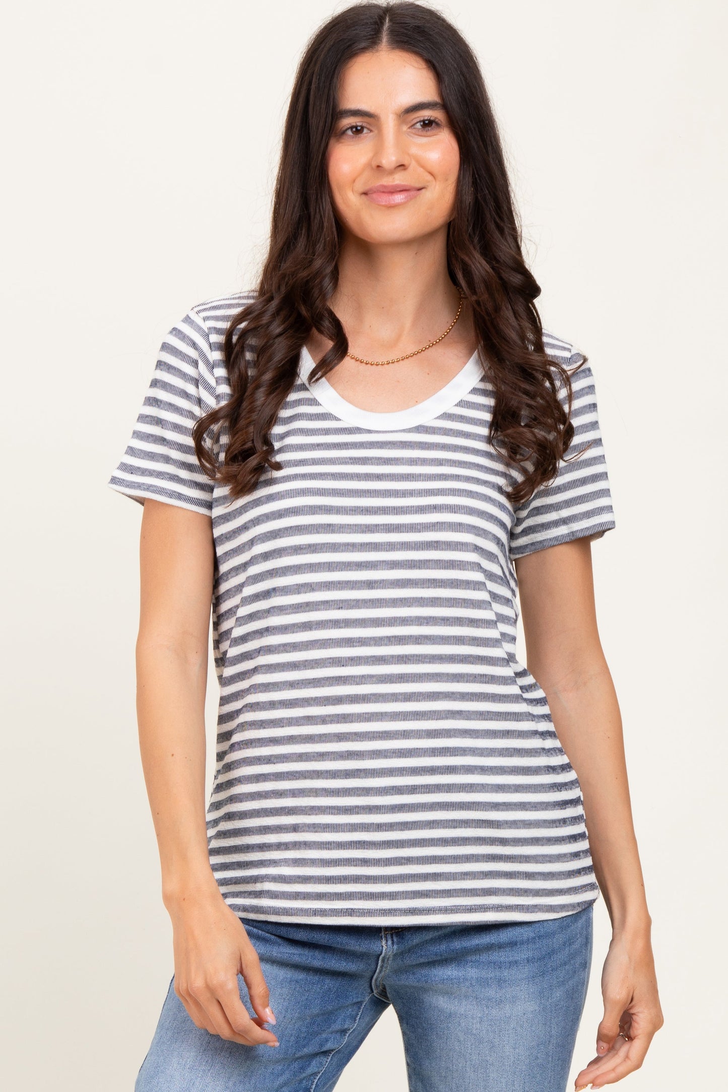 Navy Textured Stripe Short Sleeve Maternity Top