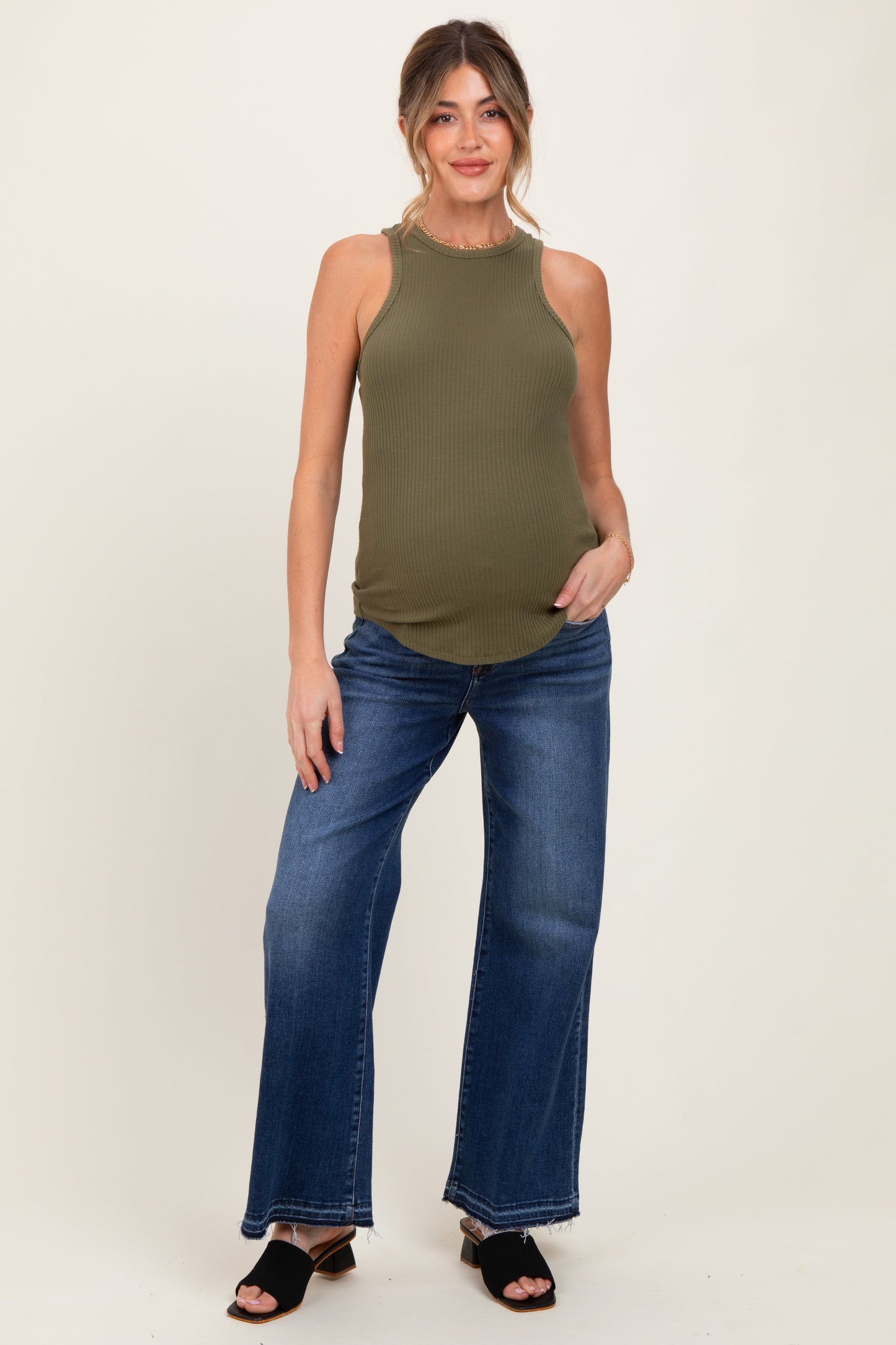 Navy Distressed Raw Hem Wide Leg Maternity Jeans