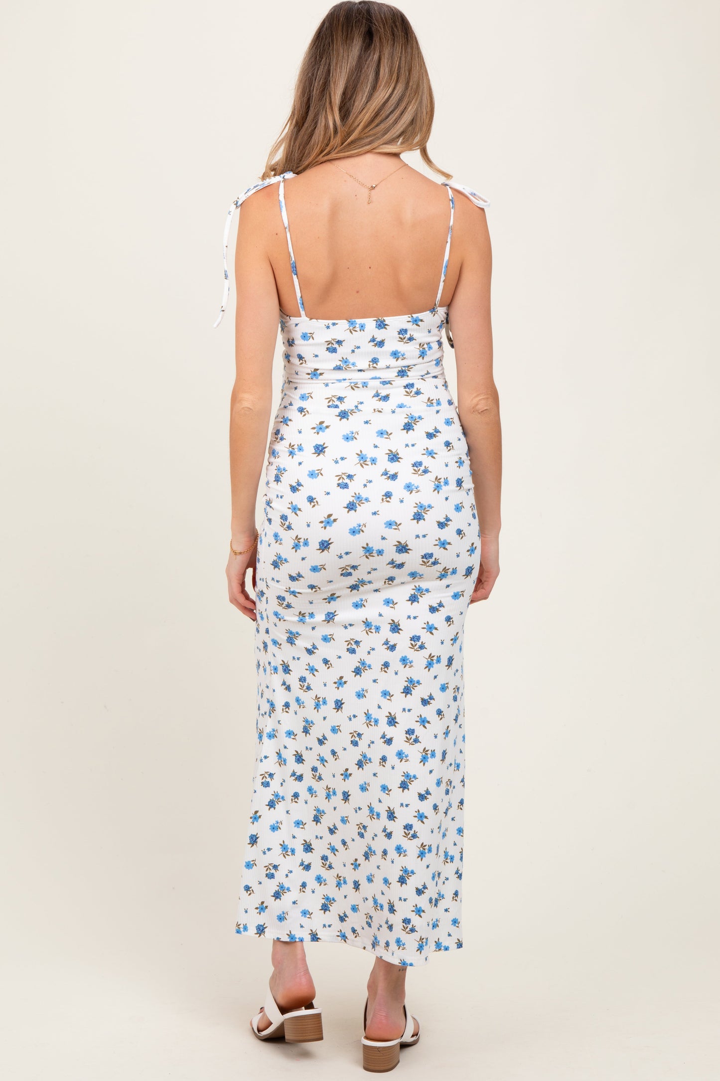 Blue Ribbed Floral Shoulder Tie Maternity Maxi Dress