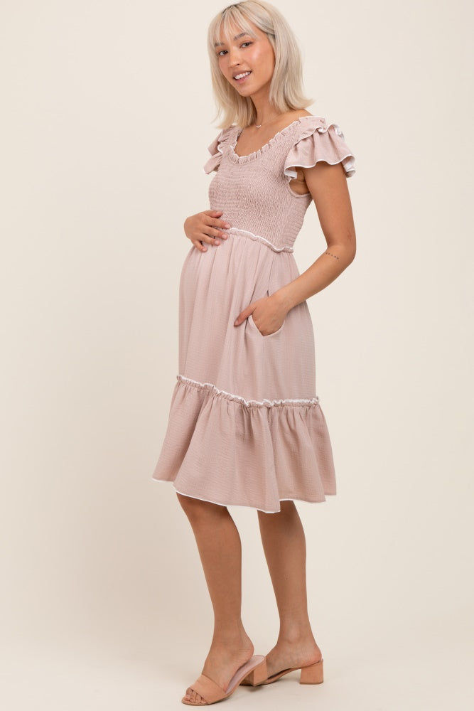 Taupe Solid Ruffle Trim Smocked Maternity Dress