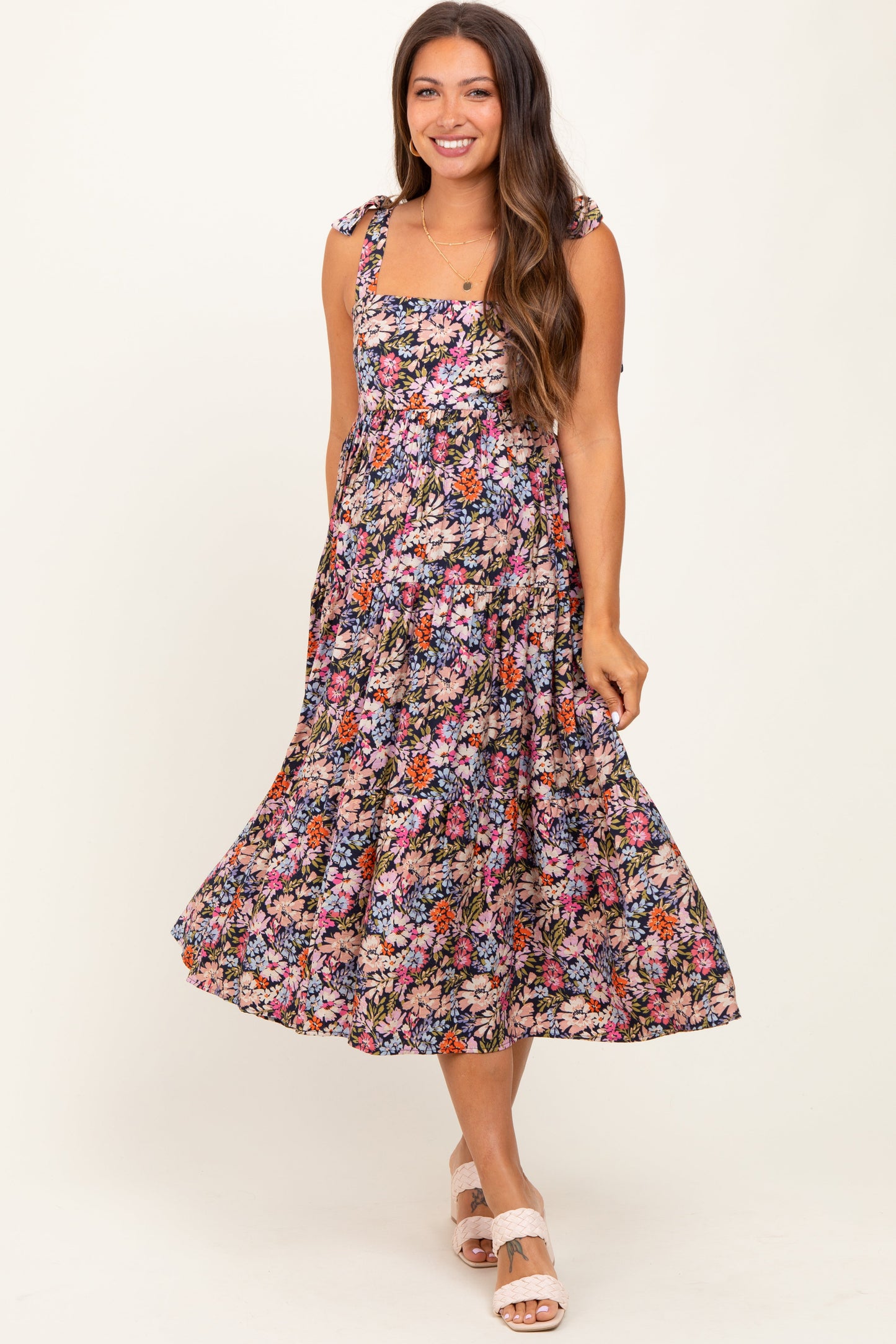 Navy Floral Shoulder Tie Maternity Midi Dress
